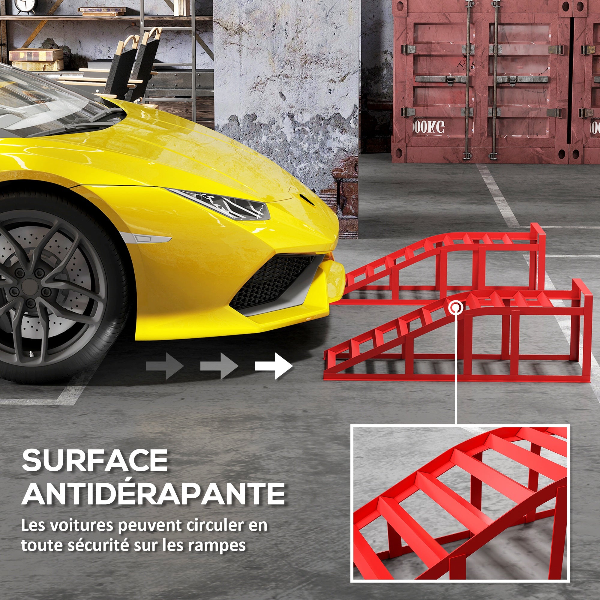 Set of 2 car access ramps, steel vehicle lifting ramp, non-slip, for vehicle maintenance and repair, for garage, home, workshop, red