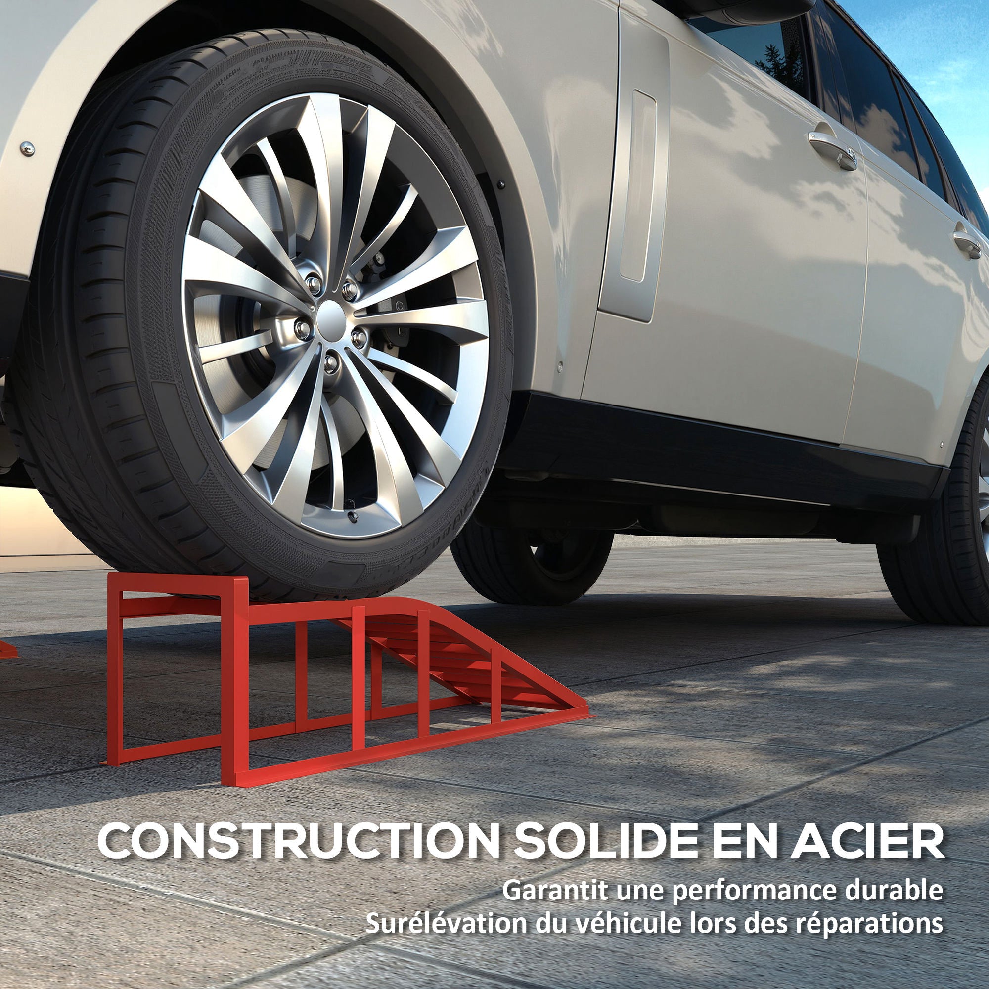 Set of 2 car access ramps, steel vehicle lifting ramp, non-slip, for vehicle maintenance and repair, for garage, home, workshop, red