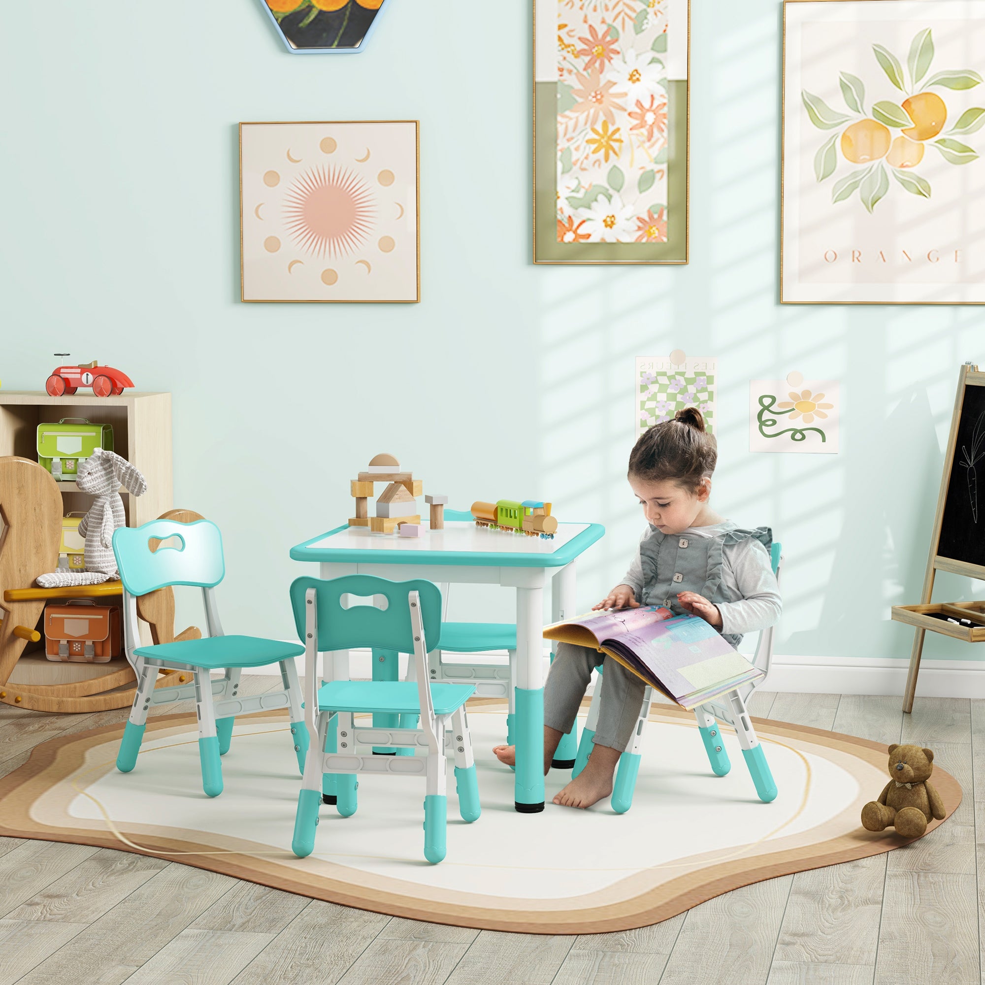Children's Table and Chairs Set 18-60 Months, Space-Saving Design, Adjustable Height, Children's Table with Chalkboard for Kids' Room, in Wood and PP, for 4 Children, Green
