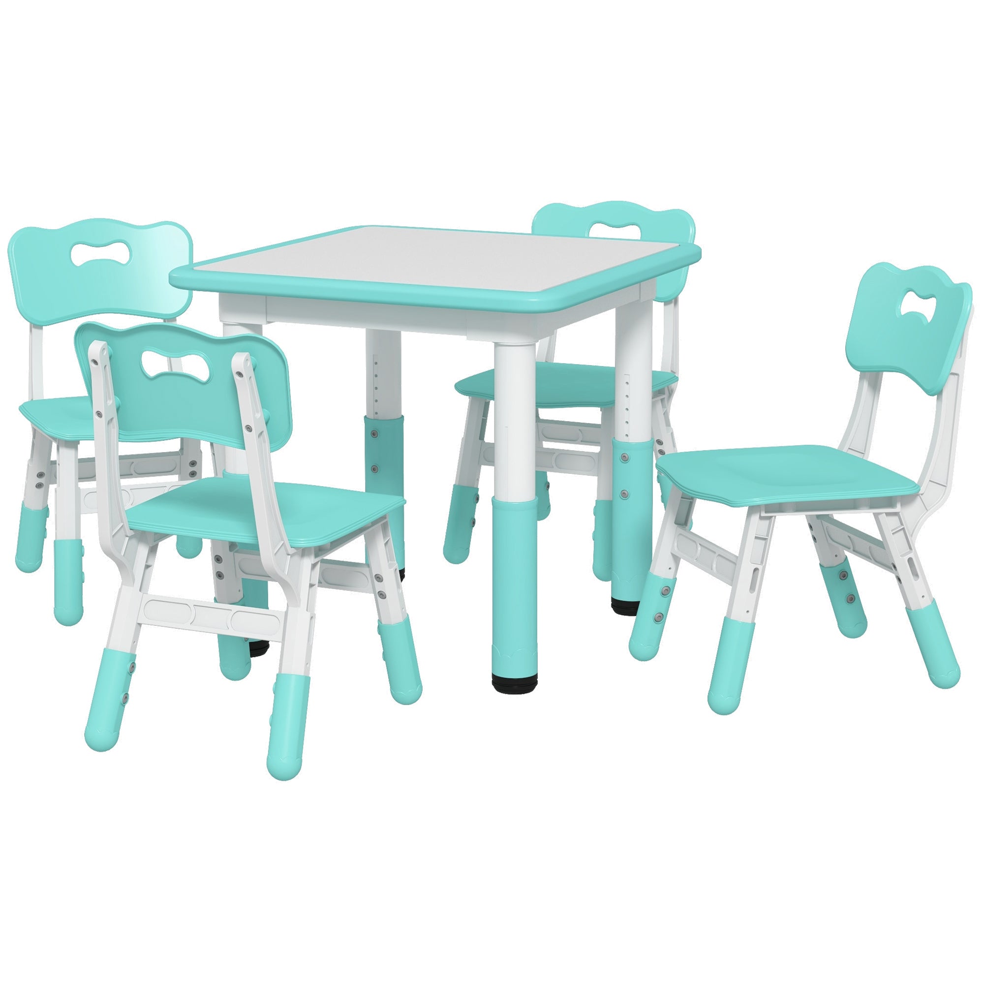 Children's Table and Chairs Set 18-60 Months, Space-Saving Design, Adjustable Height, Children's Table with Chalkboard for Kids' Room, in Wood and PP, for 4 Children, Green