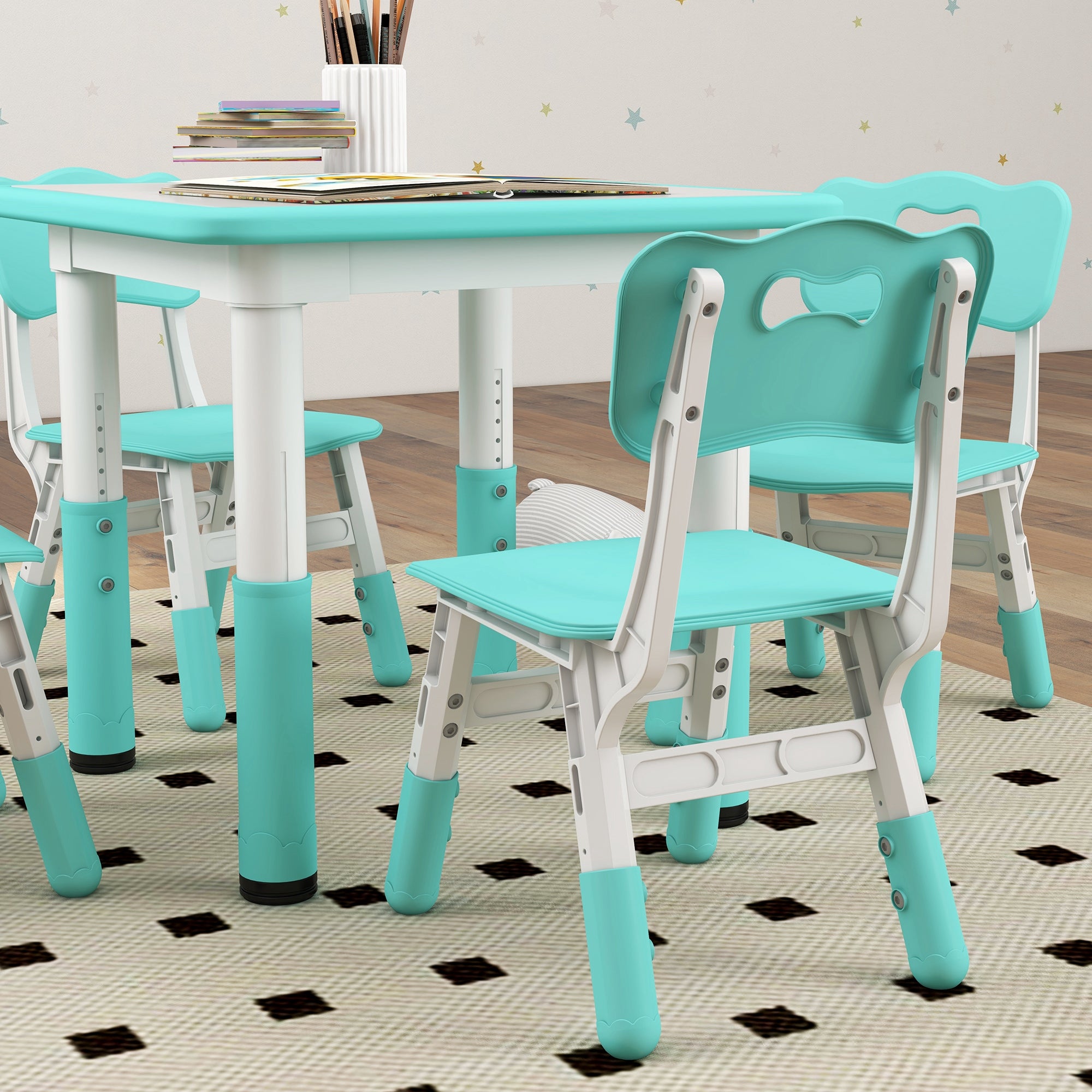 Children's Table and Chairs Set 18-60 Months, Space-Saving Design, Adjustable Height, Children's Table with Chalkboard for Kids' Room, in Wood and PP, for 4 Children, Green