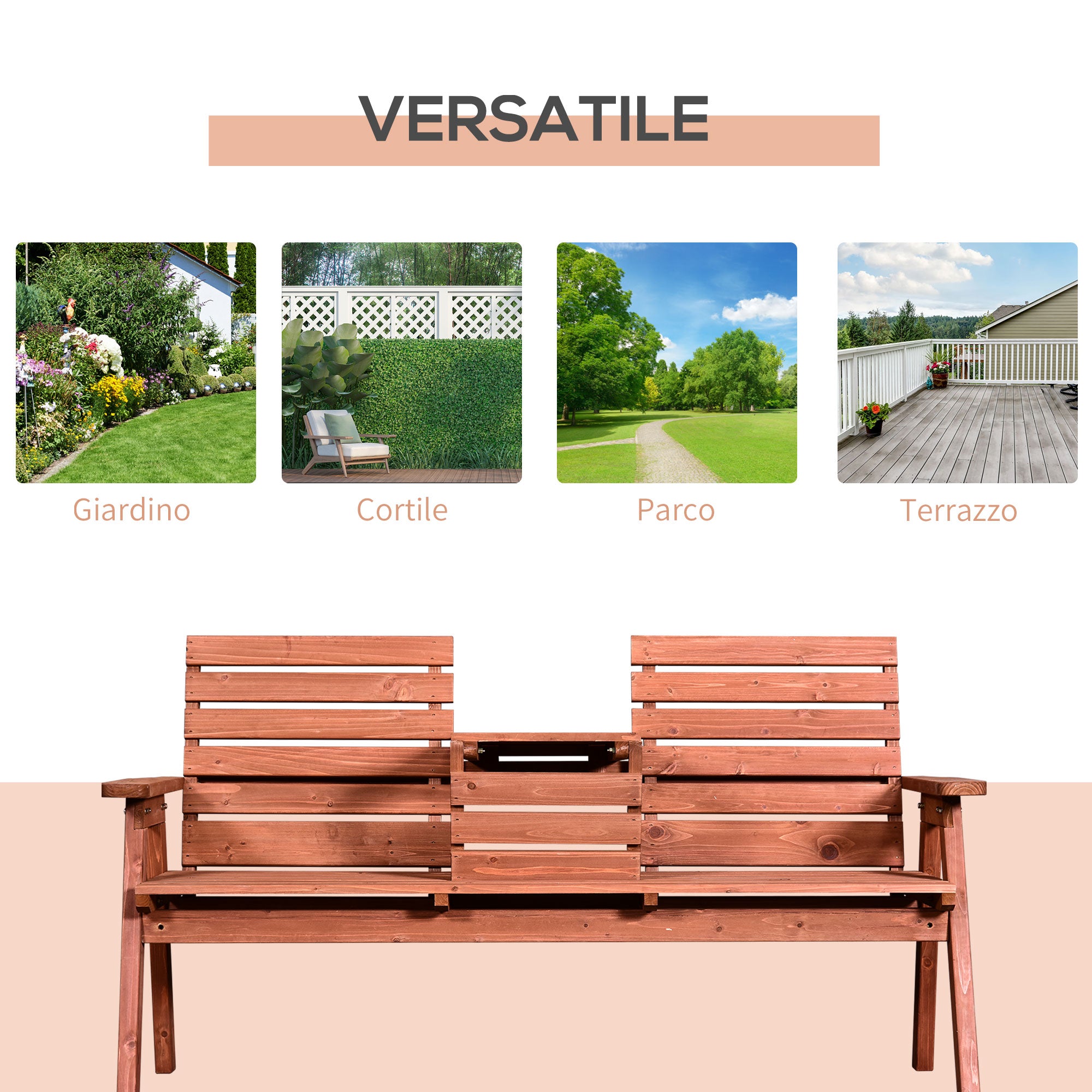 Outdoor Bench in Fir Wood 2 or 3 Seater, Convertible Table into a Seat, Waterproof, 160x68x92cm
