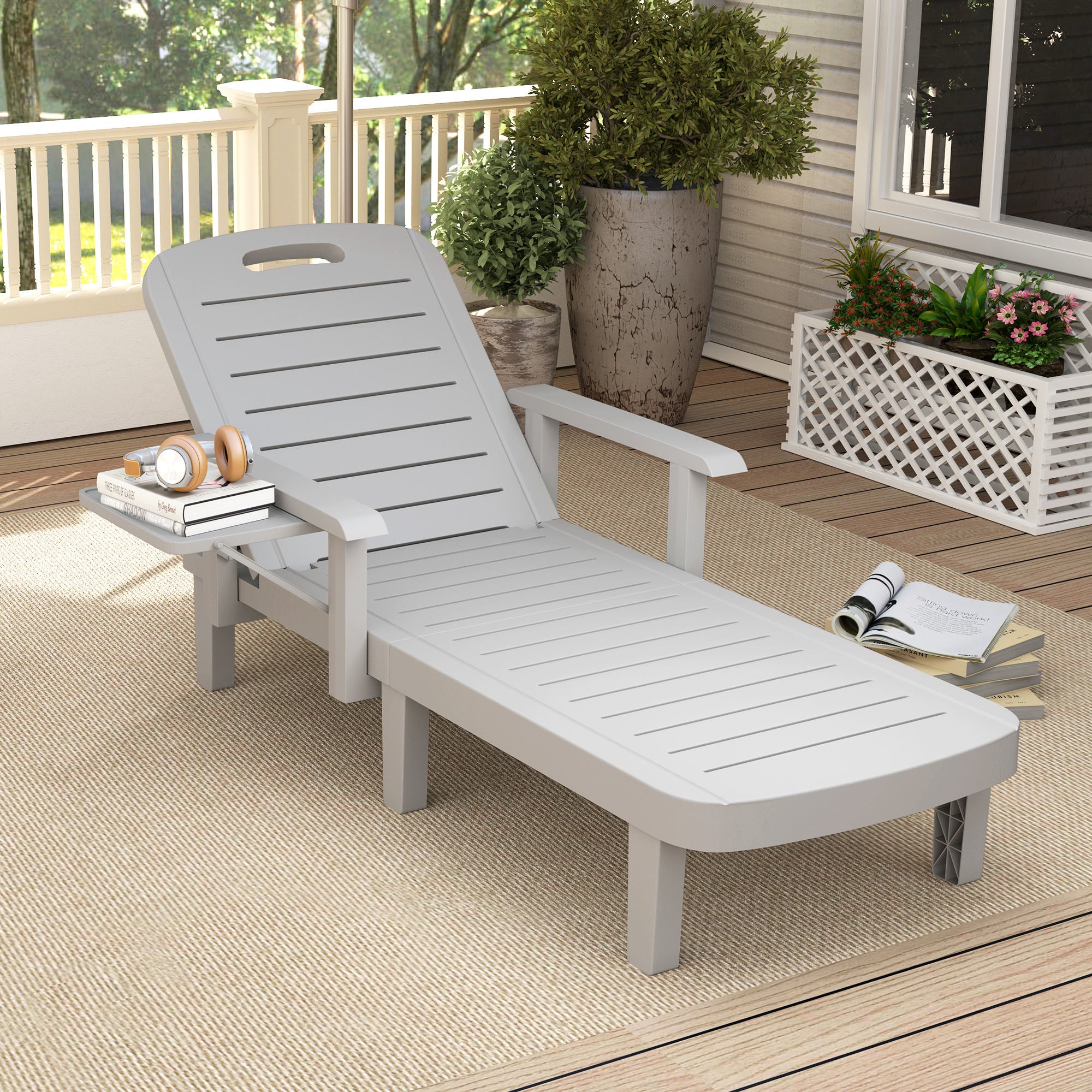 Sun Lounger Garden Bed with Side Table Wood Look Recliner with 5-Position Adjustable Backrest, Weatherproof Camping Bed, Garden Chair up to 120 kg load, for Garden Outdoor Beach, Light Gray