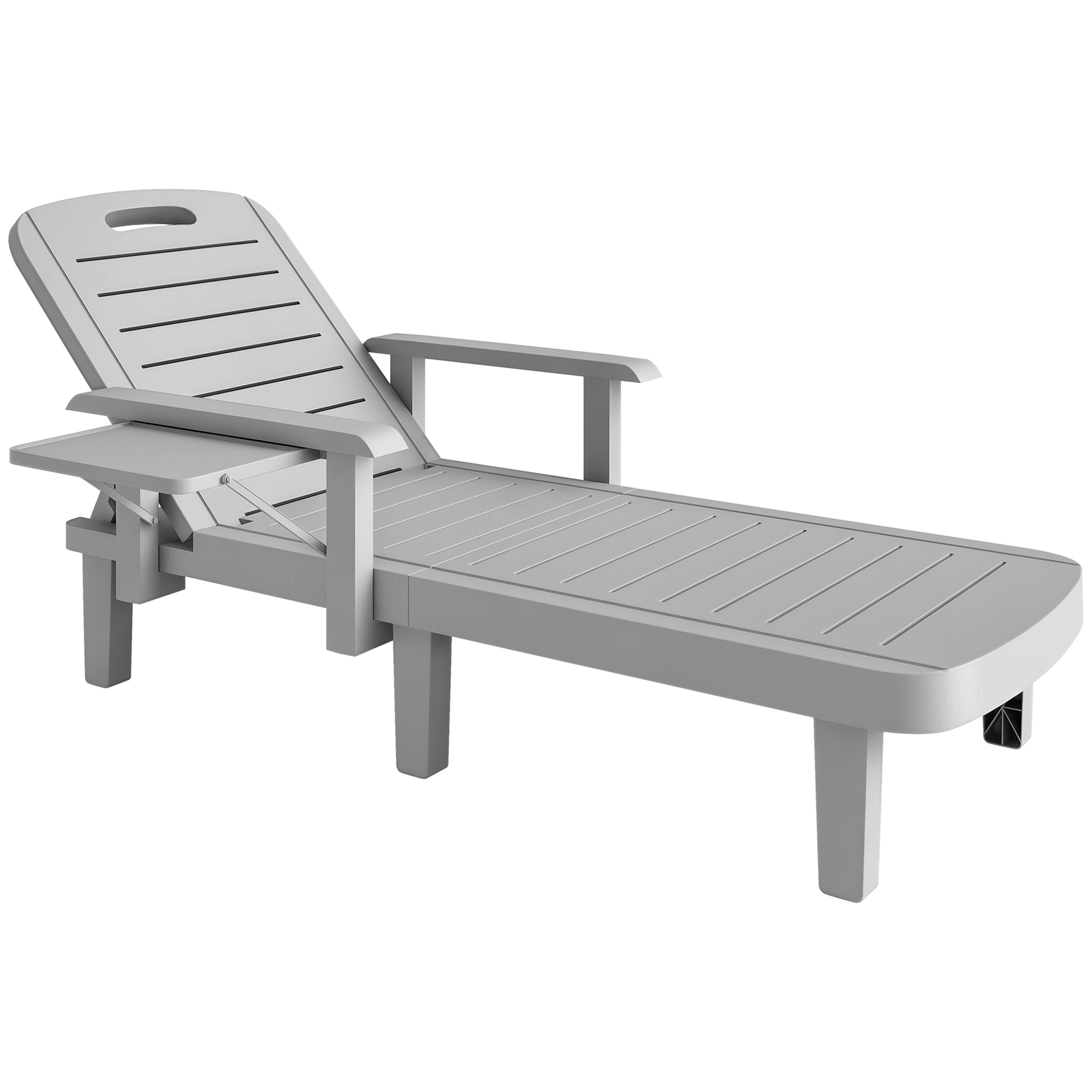 Sun Lounger Garden Bed with Side Table Wood Look Recliner with 5-Position Adjustable Backrest, Weatherproof Camping Bed, Garden Chair up to 120 kg load, for Garden Outdoor Beach, Light Gray