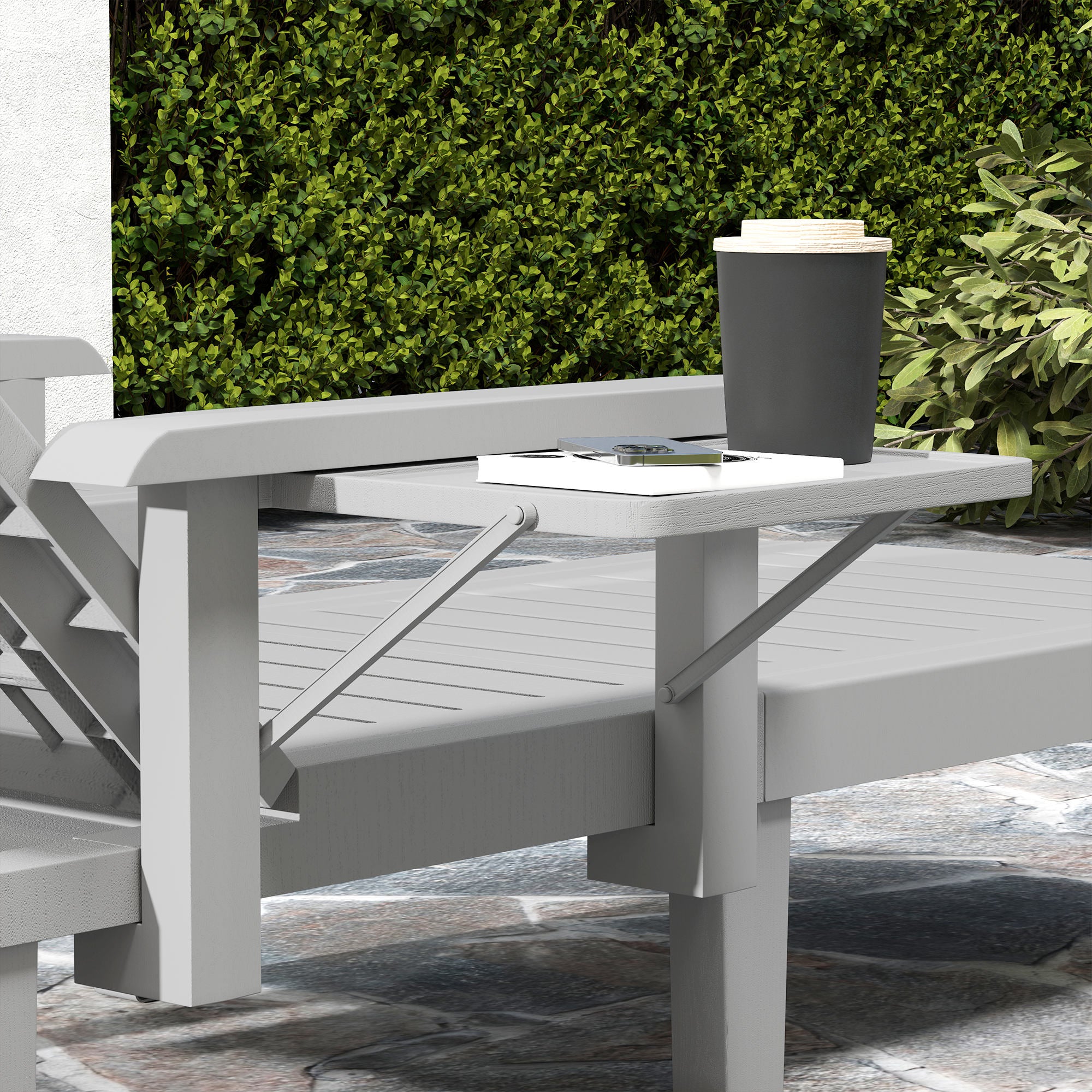 Sun Lounger Garden Bed with Side Table Wood Look Recliner with 5-Position Adjustable Backrest, Weatherproof Camping Bed, Garden Chair up to 120 kg load, for Garden Outdoor Beach, Light Gray