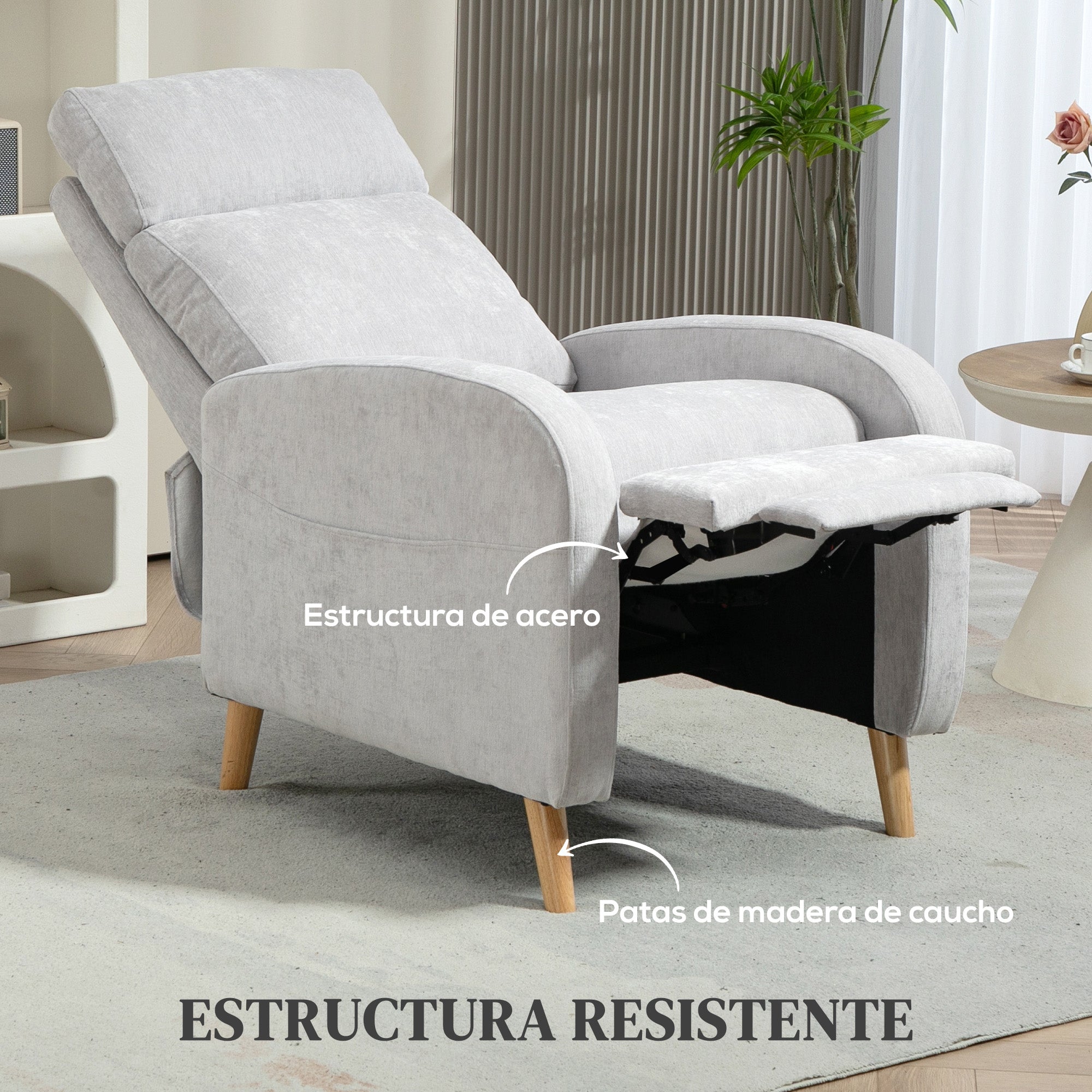 Manual Reclining Relax Armchair Upholstered in Synthetic Linen with Footrest and Side Pocket Load 120 kg Reclining Armchair for Bedroom Office Light Grey