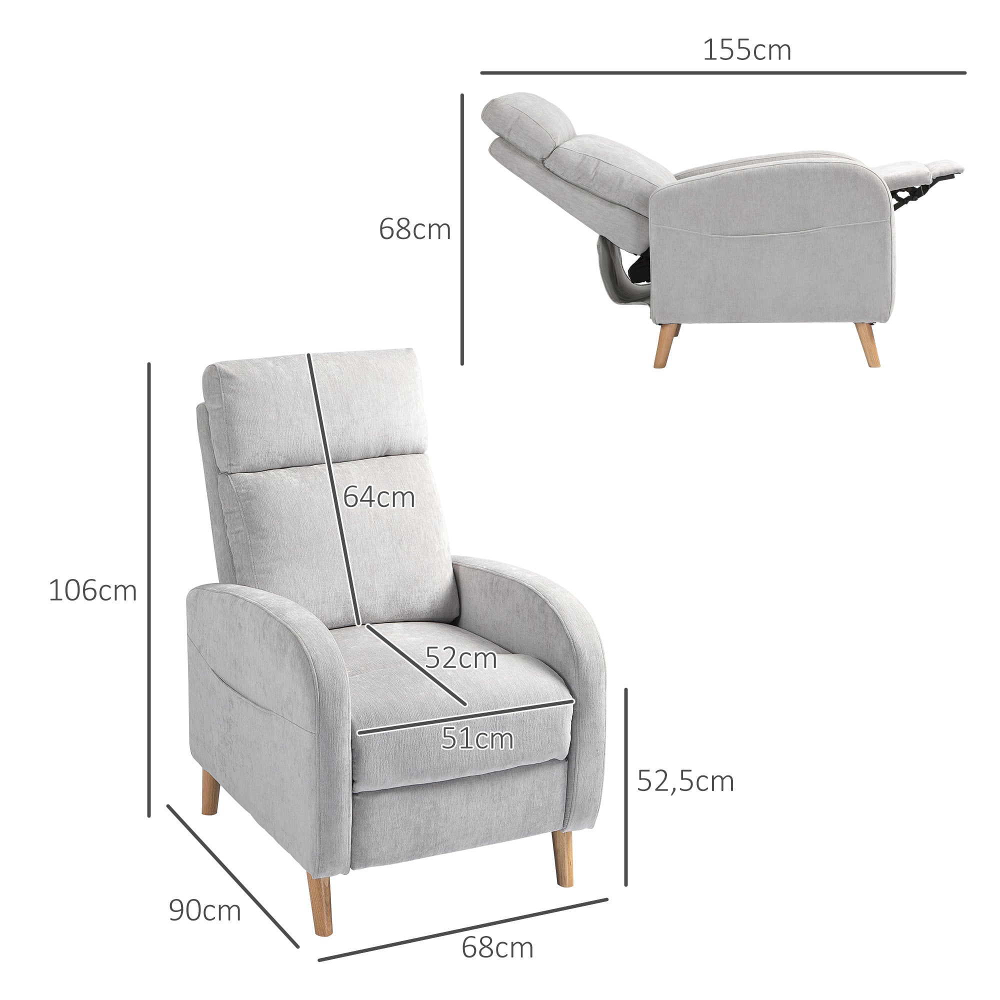 Manual Reclining Relax Armchair Upholstered in Synthetic Linen with Footrest and Side Pocket Load 120 kg Reclining Armchair for Bedroom Office Light Grey
