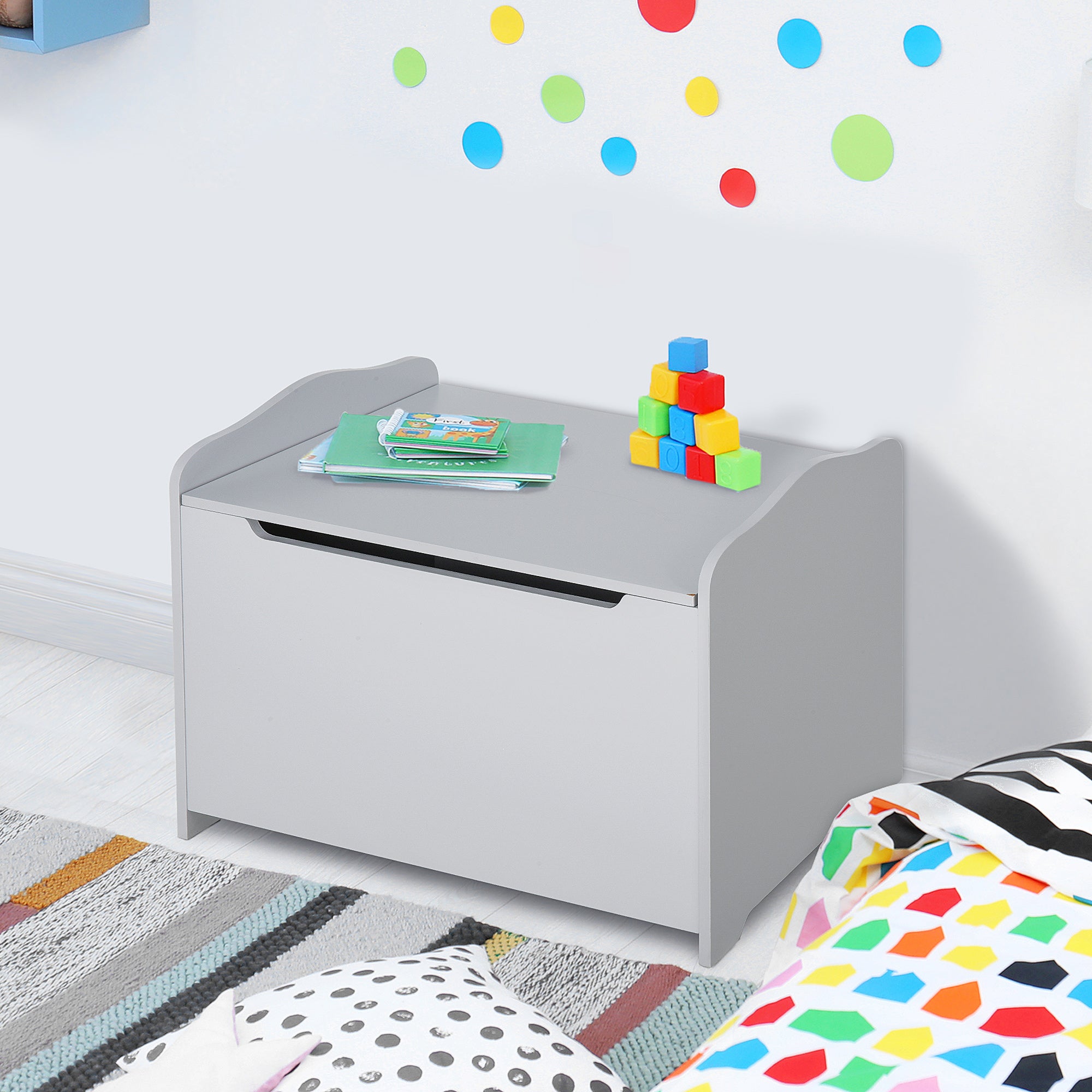 Wooden Children's Toy Chest, Storage Bench for Nursery with Pneumatic Piston Lid, 60x40x48cm, Gray