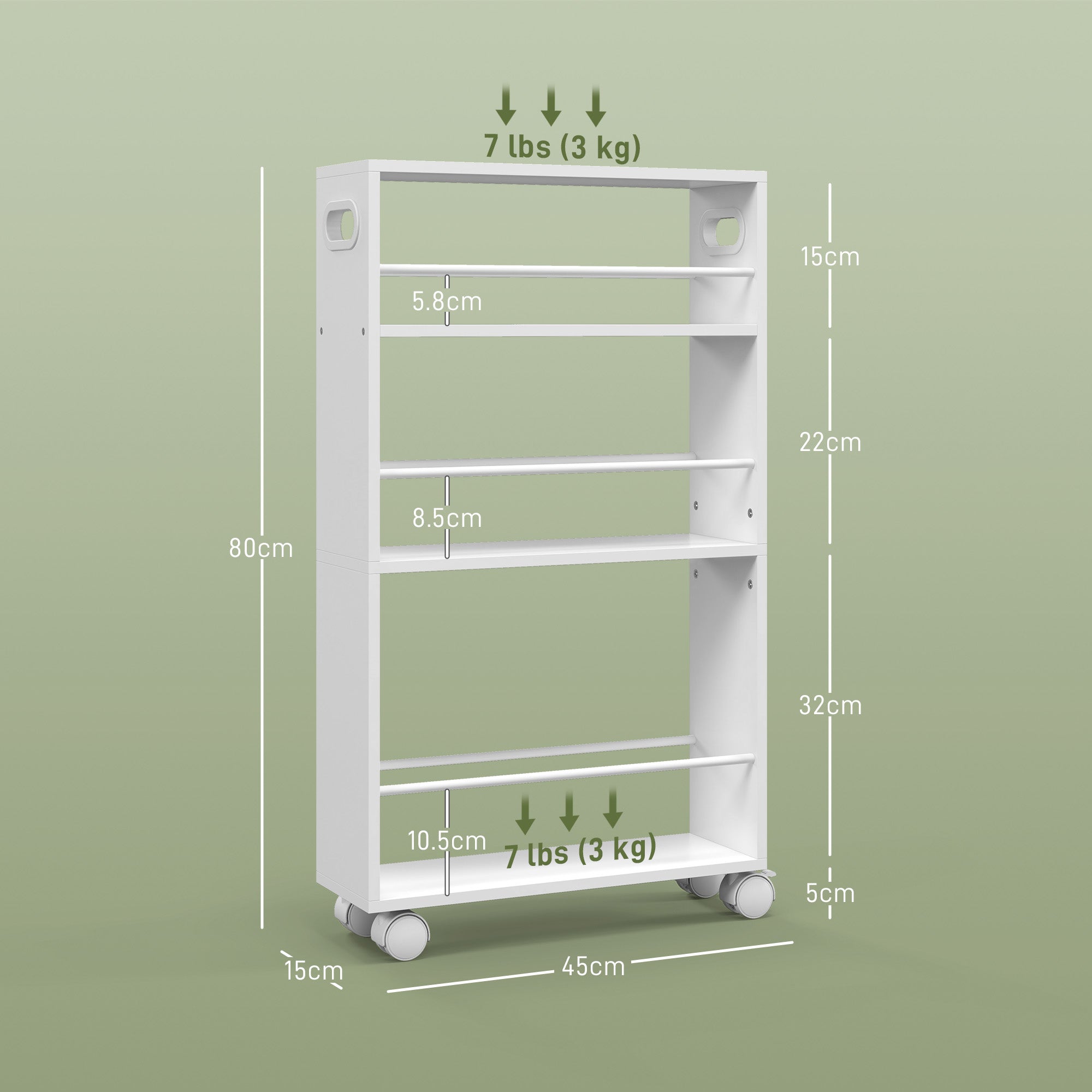 3-Tier Kitchen Cart with Side Railings and Handles for Dining Room Bathroom 45x15x80 cm White