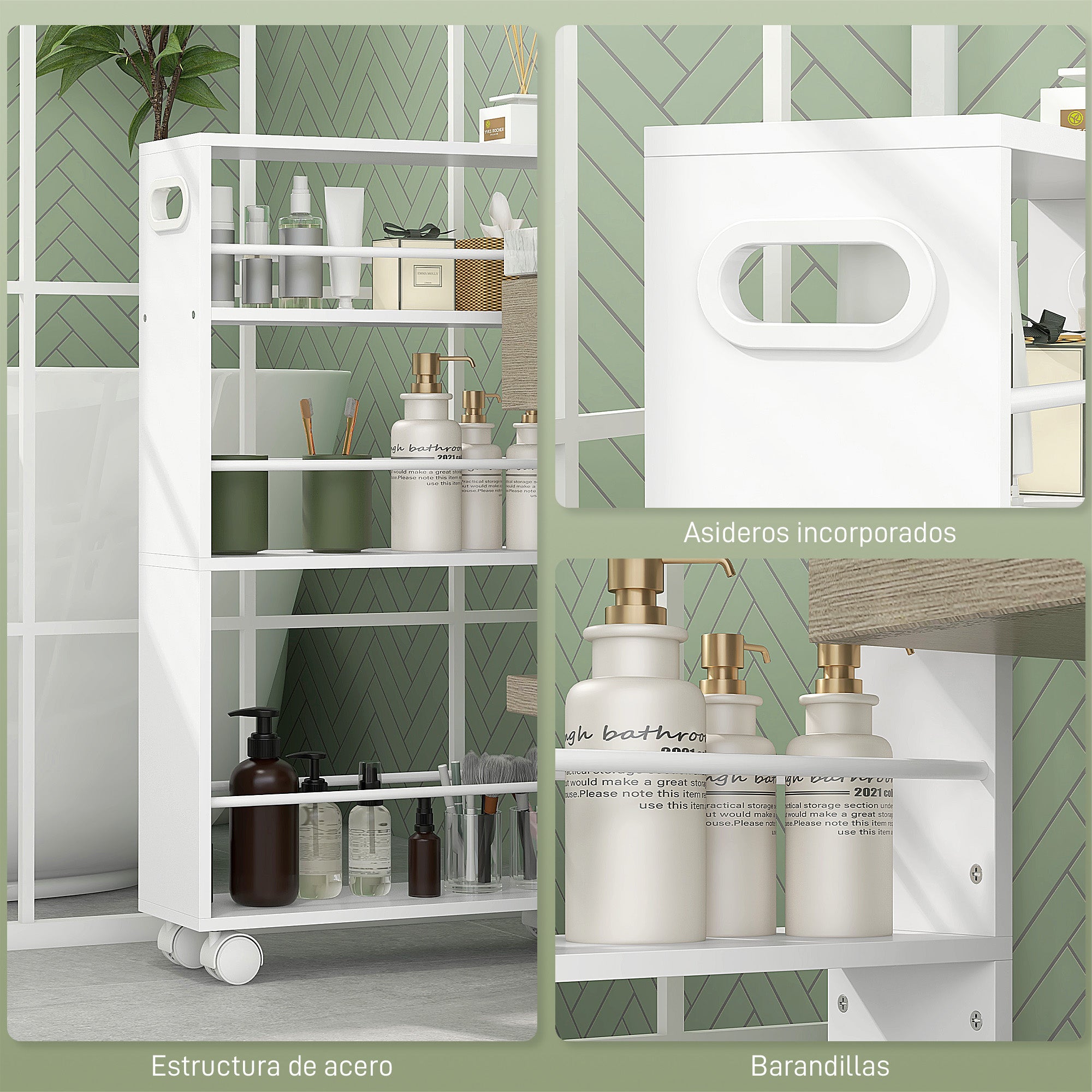 3-Tier Kitchen Cart with Side Railings and Handles for Dining Room Bathroom 45x15x80 cm White