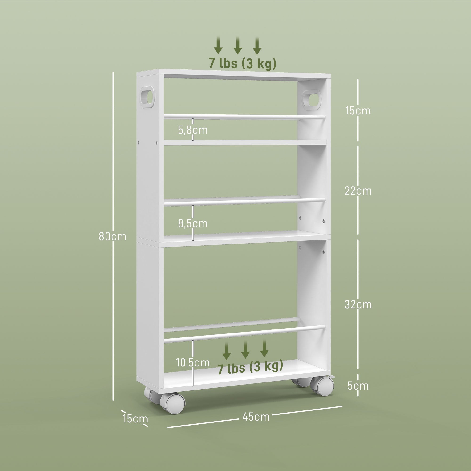 3-Tier Kitchen Cart with Side Railings and Handles for Dining Room Bathroom 45x15x80 cm White