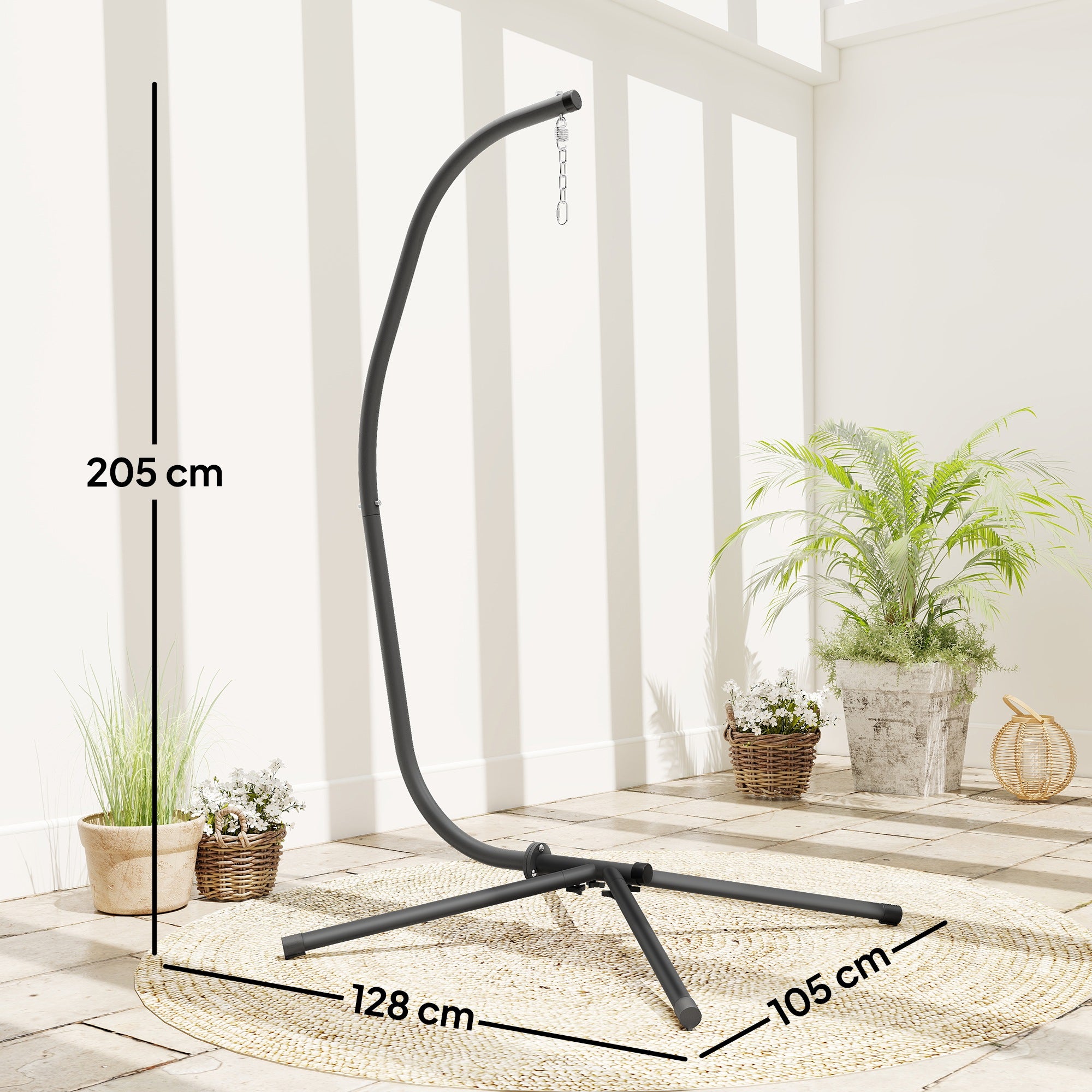 C-Frame Hanging Chair Stand — Height-Adjustable Metal with Suspension Chain, Up to 150 kg (330 lb), Indoor/Outdoor, Black
