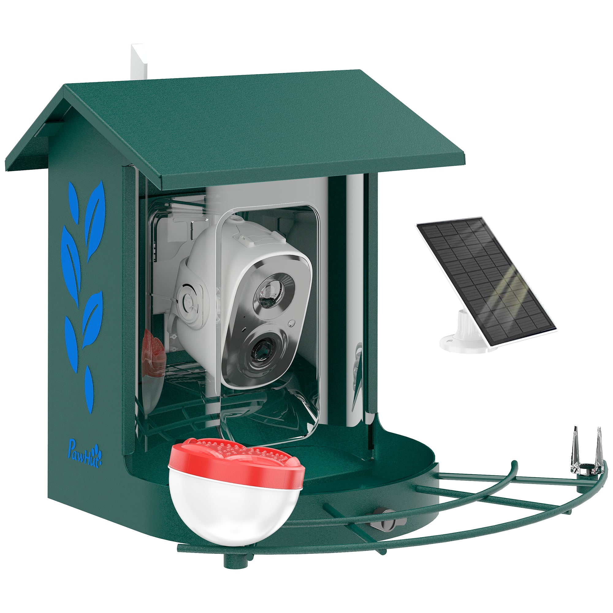 AI Bird Feeder with Camera — Identifies 16,000+ Species, 2K HD Video, App Alerts, 3W Solar Panel, 32GB SD, Dark Green