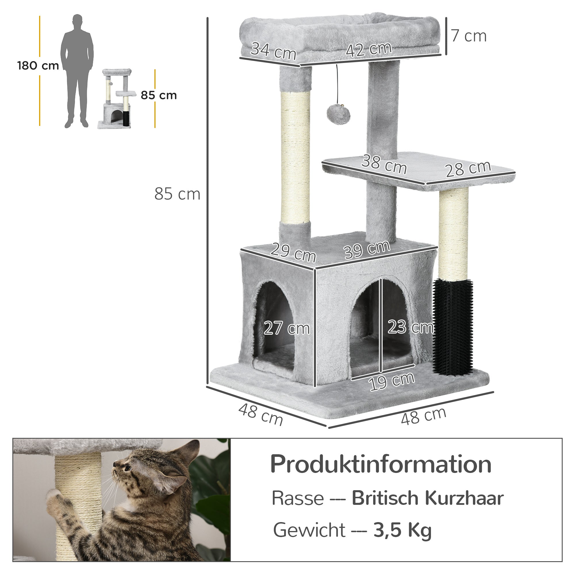 Cat Tree with Massaging Area Cat Cave Play Ball Cat Scratching Post Sisal Rope Scratch Posts Light Grey 48 x 48 x 85 cm