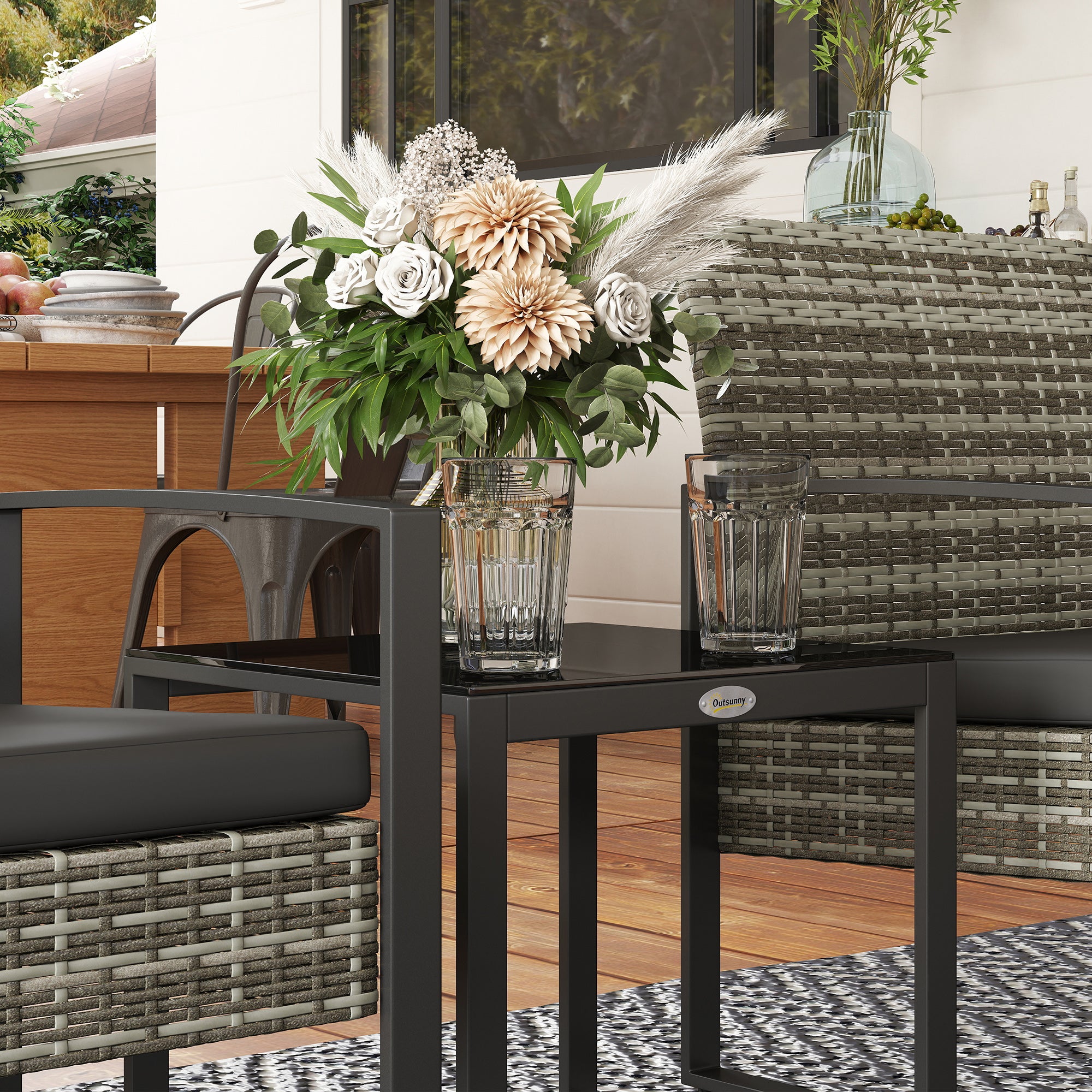 2-Seater Garden Set 3 Pieces 2 Chairs with Cushions + Coffee Table with Tempered Glass Top Woven Resin Rattan Imitation 4 Strands Light Gray