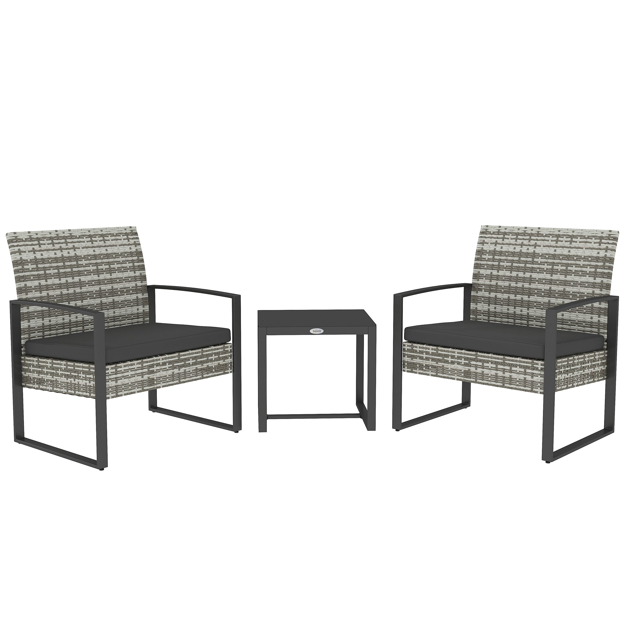 2-Seater Garden Set 3 Pieces 2 Chairs with Cushions + Coffee Table with Tempered Glass Top Woven Resin Rattan Imitation 4 Strands Light Gray