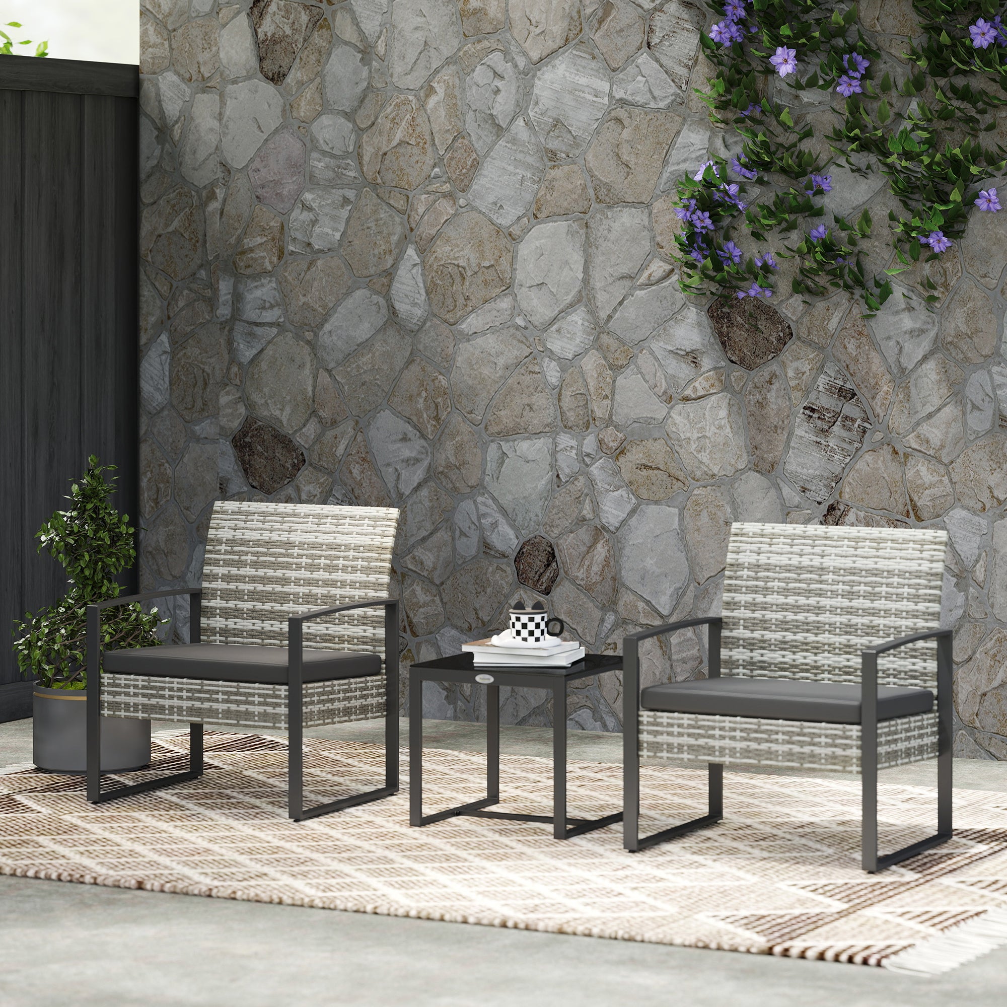 2-Seater Garden Set 3 Pieces 2 Chairs with Cushions + Coffee Table with Tempered Glass Top Woven Resin Rattan Imitation 4 Strands Light Gray