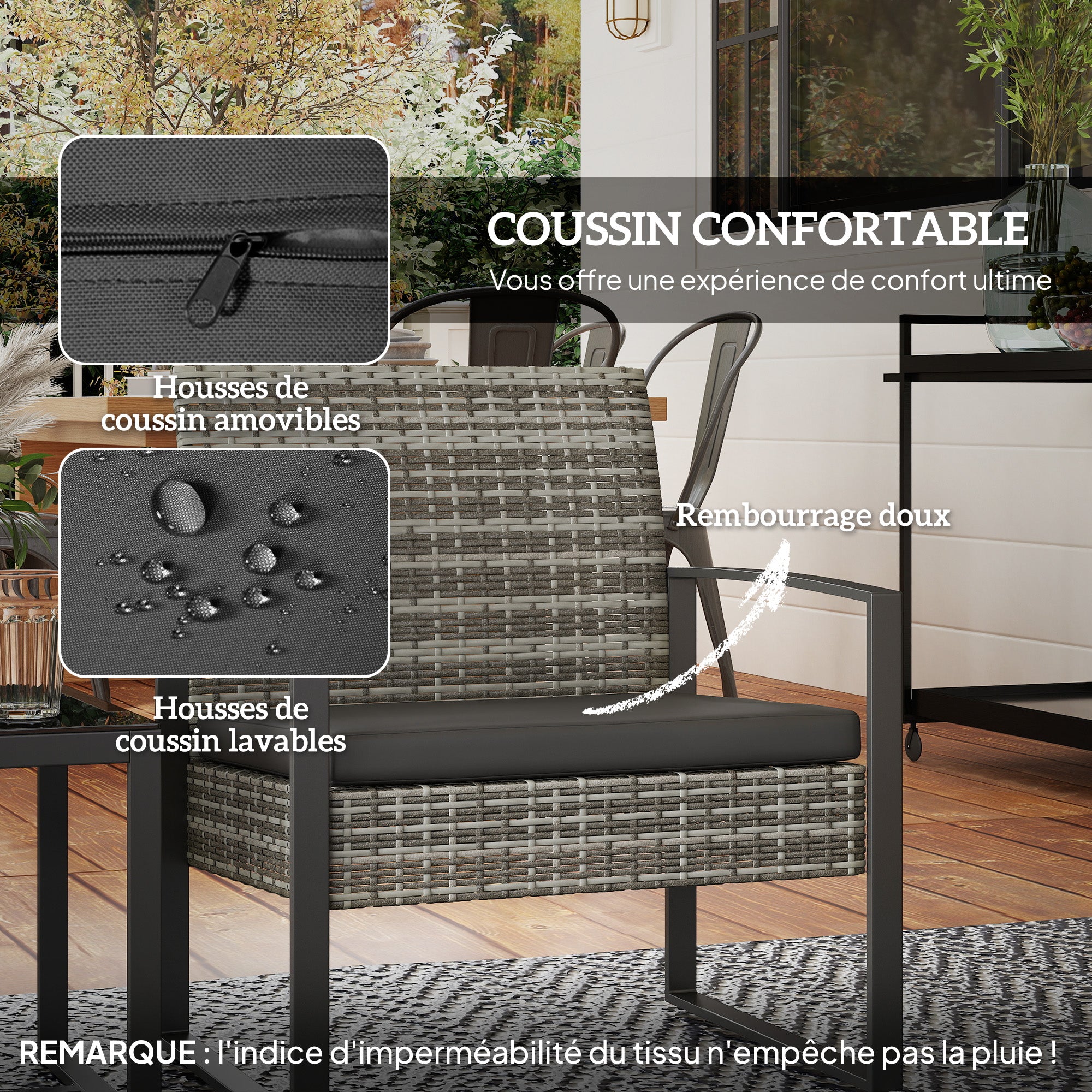 2-Seater Garden Set 3 Pieces 2 Chairs with Cushions + Coffee Table with Tempered Glass Top Woven Resin Rattan Imitation 4 Strands Light Gray