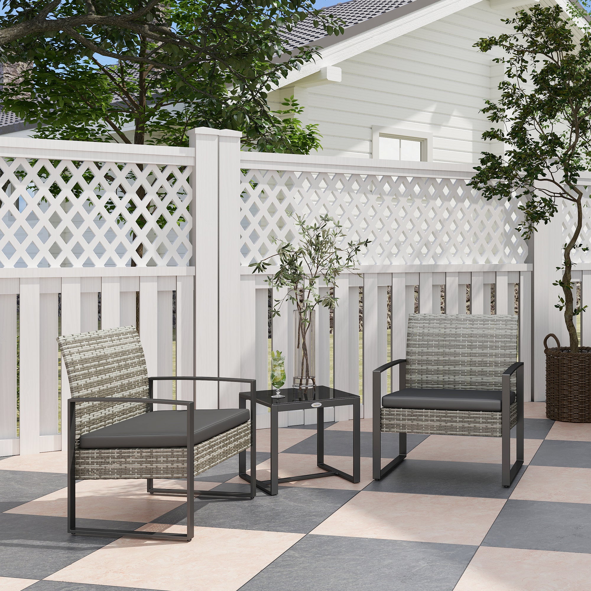 2-Seater Garden Set 3 Pieces 2 Chairs with Cushions + Coffee Table with Tempered Glass Top Woven Resin Rattan Imitation 4 Strands Light Gray