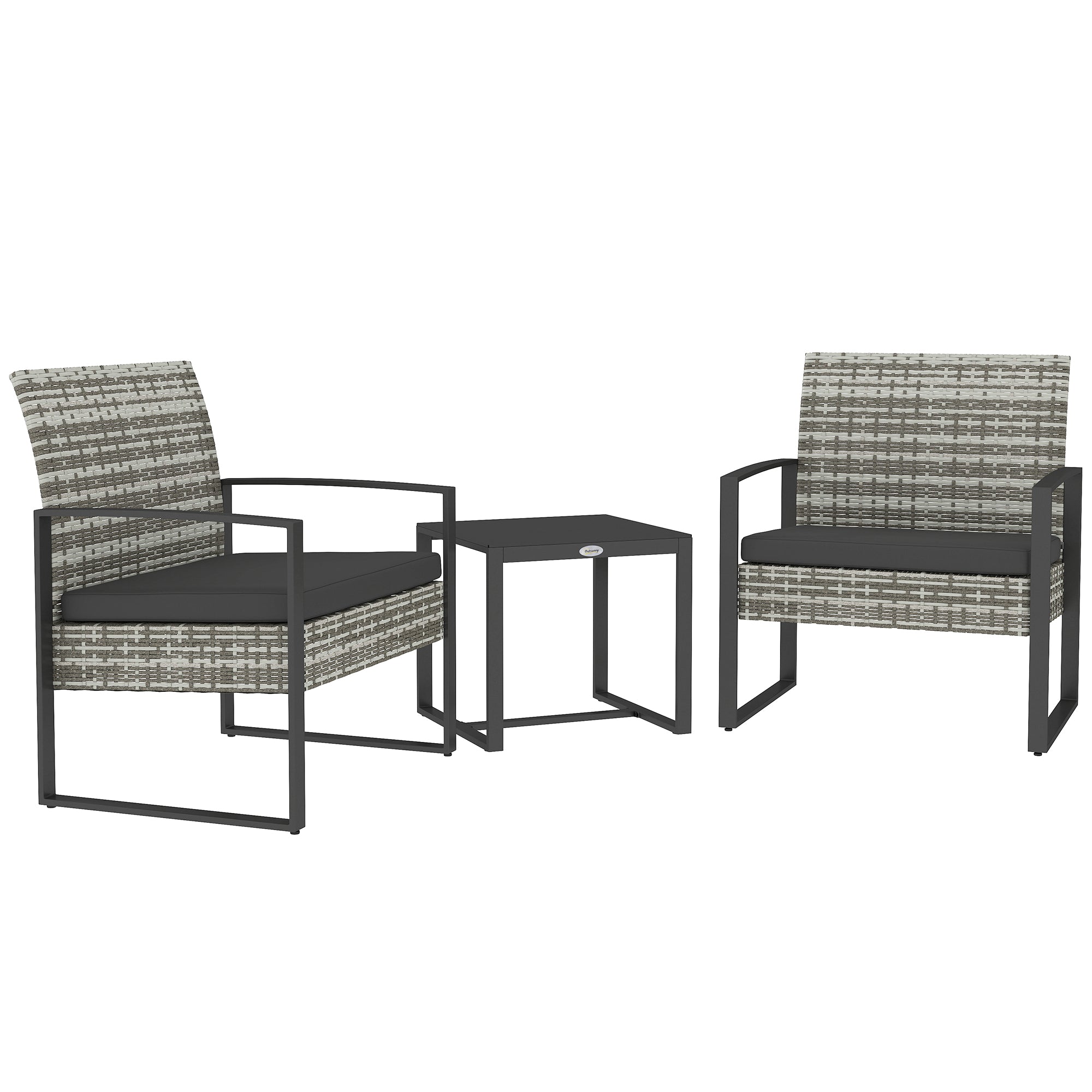 2-Seater Garden Set 3 Pieces 2 Chairs with Cushions + Coffee Table with Tempered Glass Top Woven Resin Rattan Imitation 4 Strands Light Gray