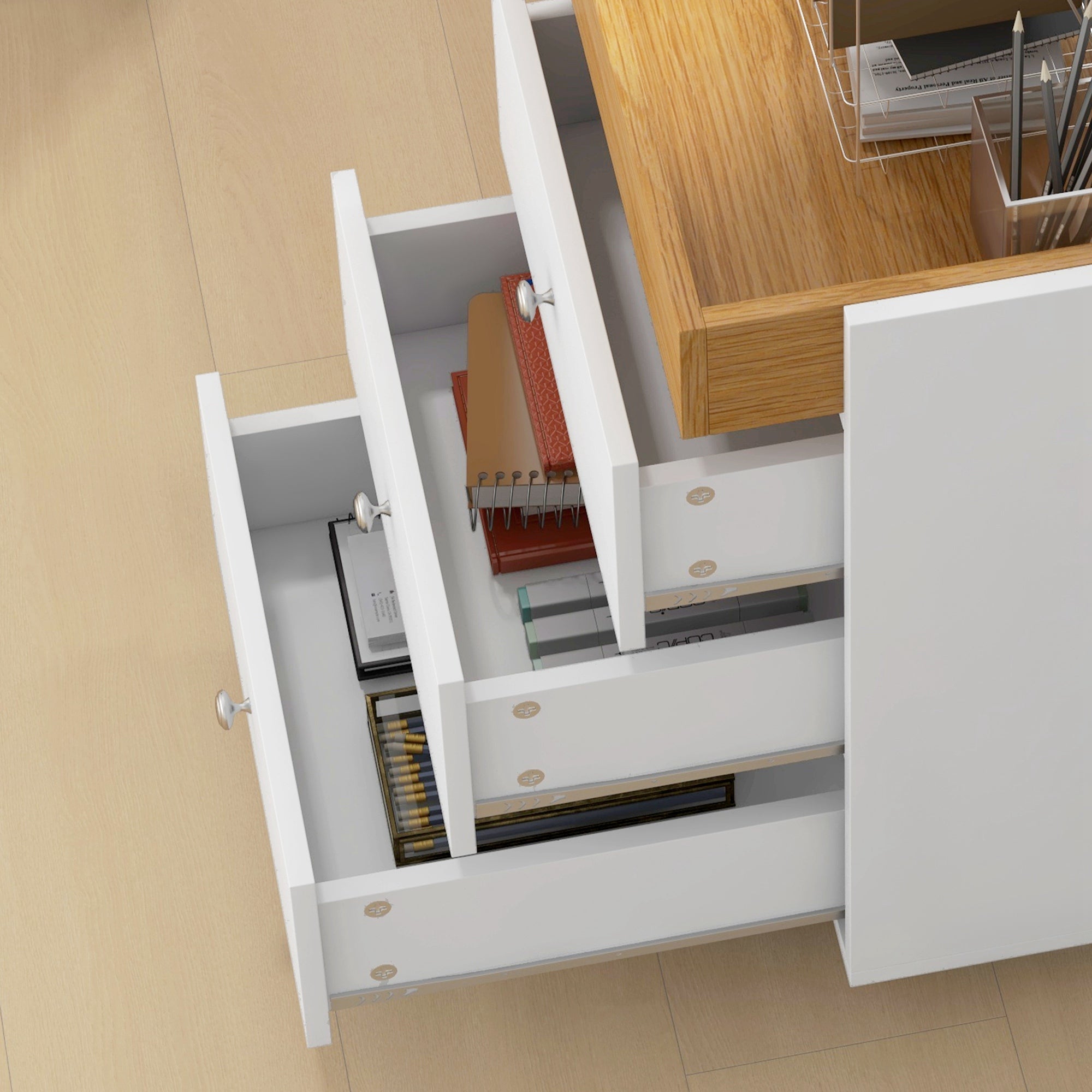 Office Drawer Cabinet with 4 Wheels, 3 Drawers, and 1 Removable Tray 30 kg Capacity for Study Room 43x40x66.5 cm White and Natural