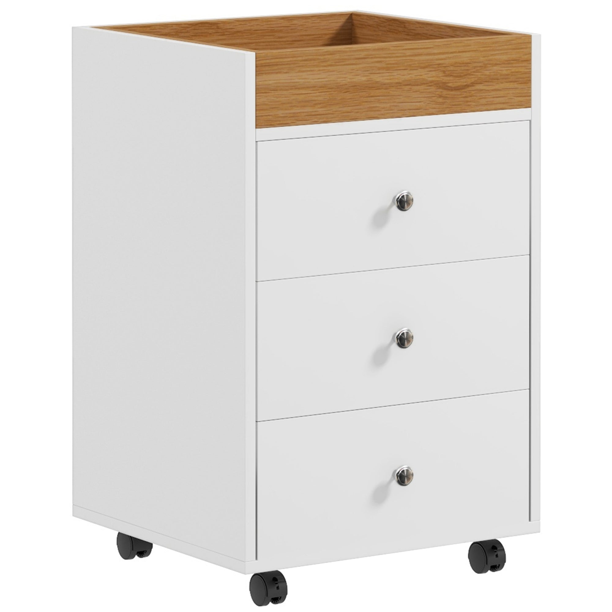 Office Drawer Cabinet with 4 Wheels, 3 Drawers, and 1 Removable Tray 30 kg Capacity for Study Room 43x40x66.5 cm White and Natural