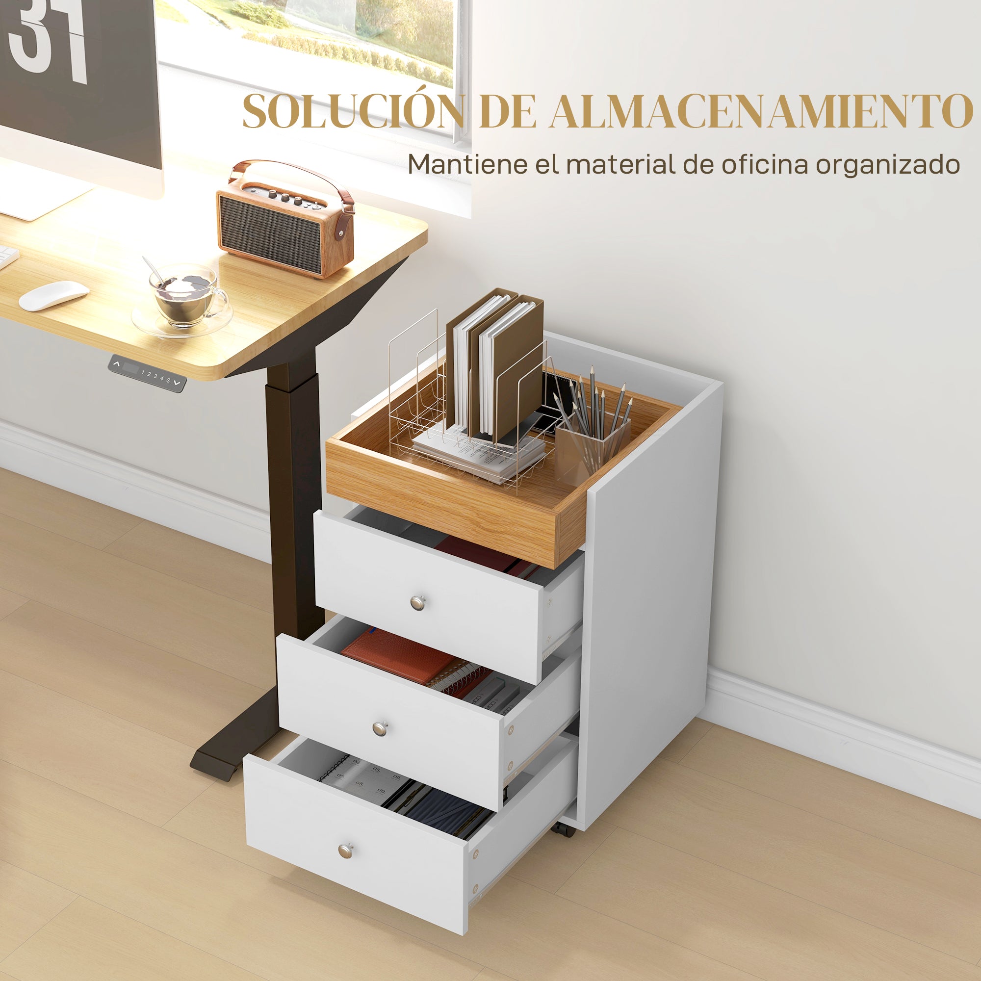 Office Drawer Cabinet with 4 Wheels, 3 Drawers, and 1 Removable Tray 30 kg Capacity for Study Room 43x40x66.5 cm White and Natural