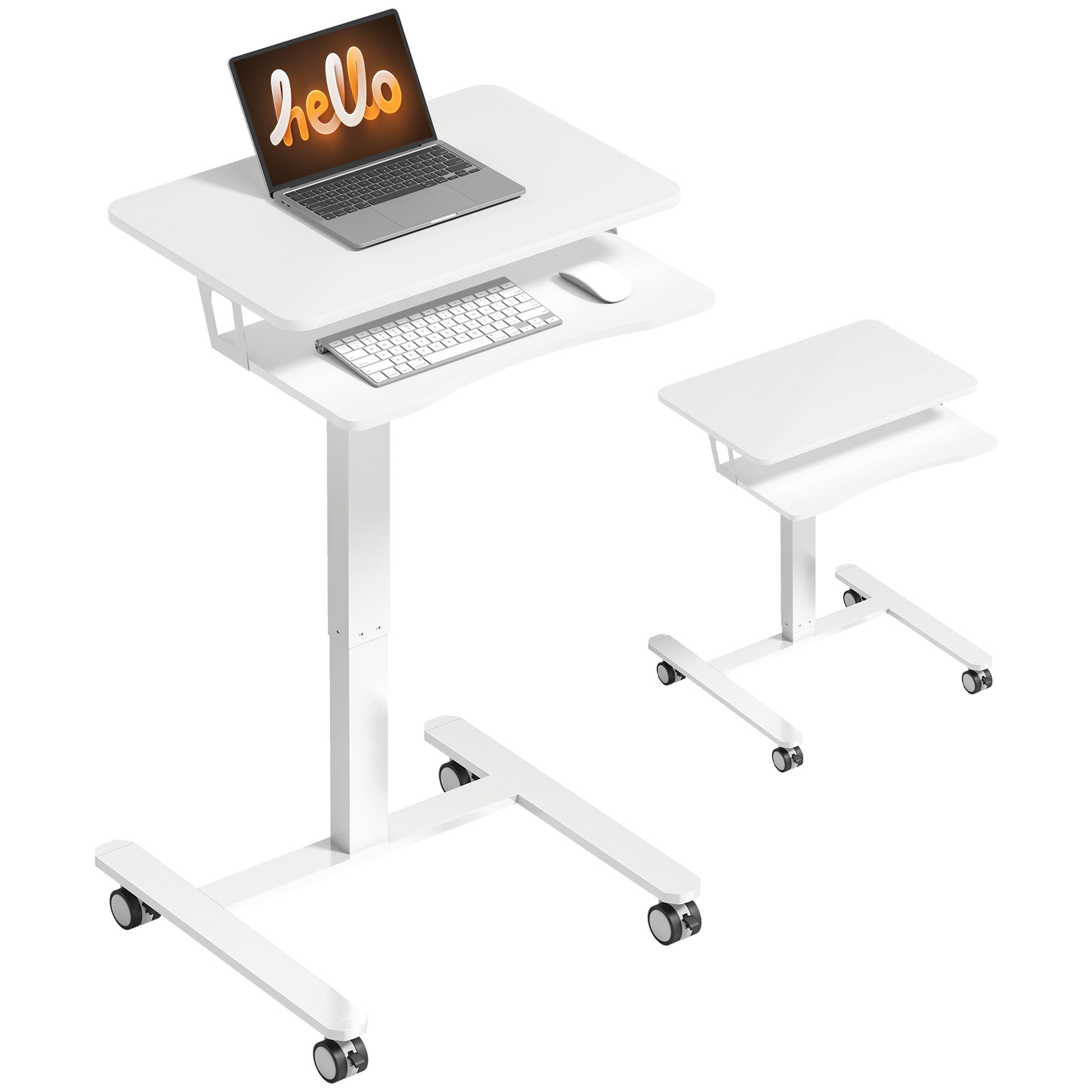Height-Adjustable Rolling Standing Desk 28–42 in with Keyboard Tray, Steel Frame — Compact White