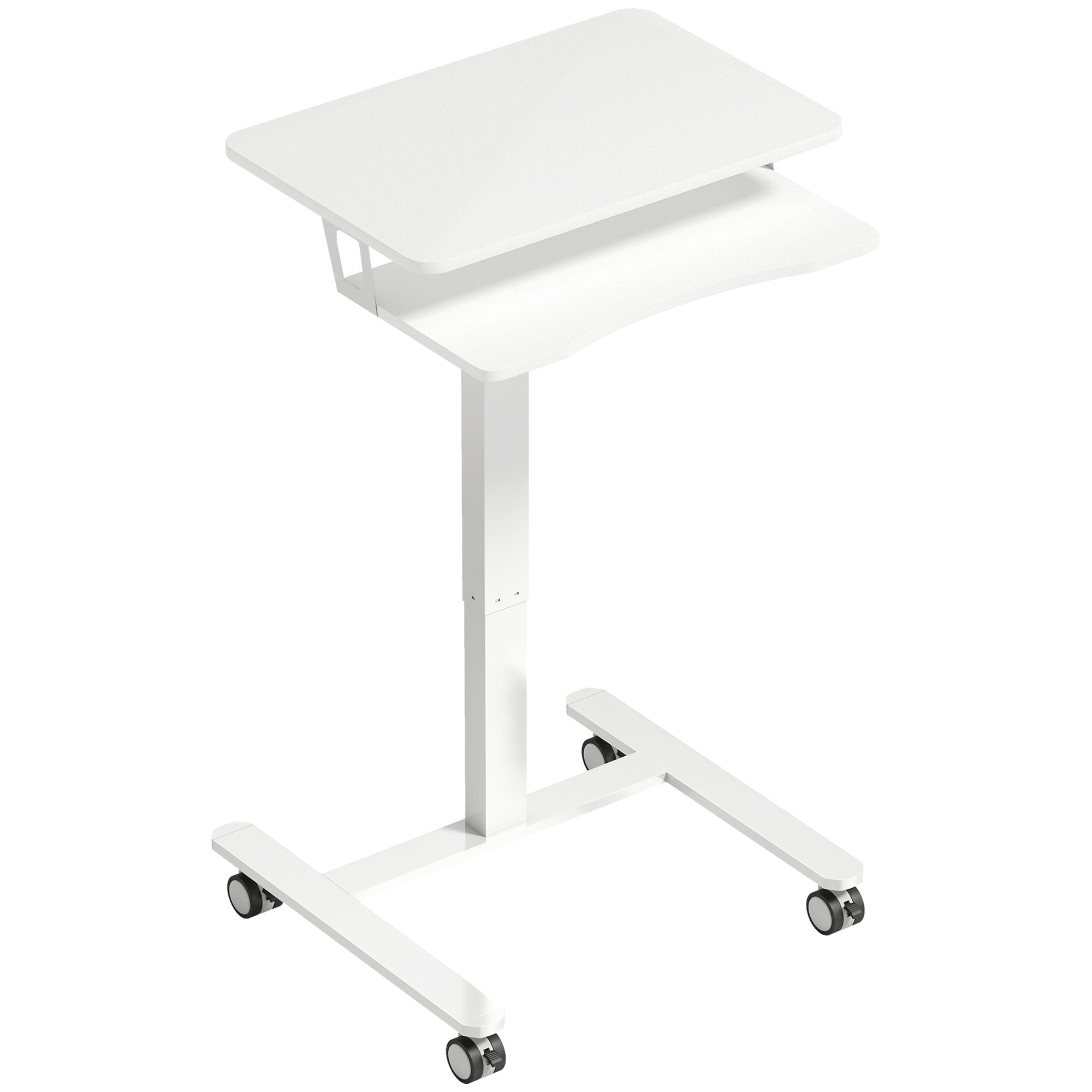 Height-Adjustable Rolling Standing Desk 28–42 in with Keyboard Tray, Steel Frame — Compact White
