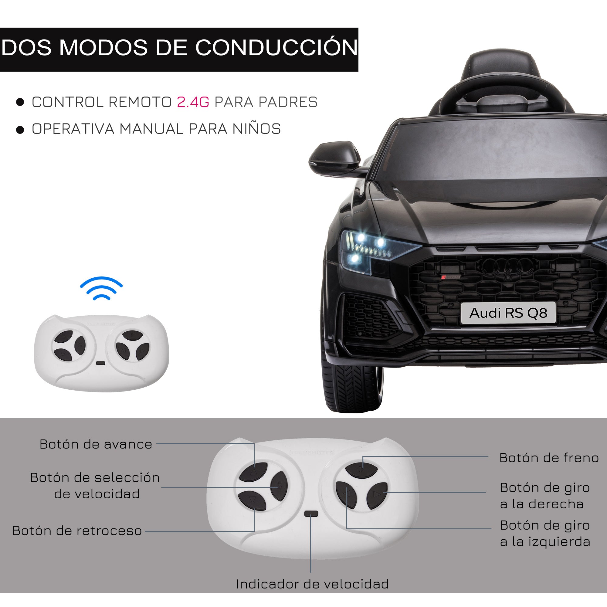 Kids Electric Car +3 Years Licensed Audi RS Q8 with 6V Battery 2 Motors Remote Control Music MP3 Horn and Lights Max Speed 3km/h 101x62x51 cm Black