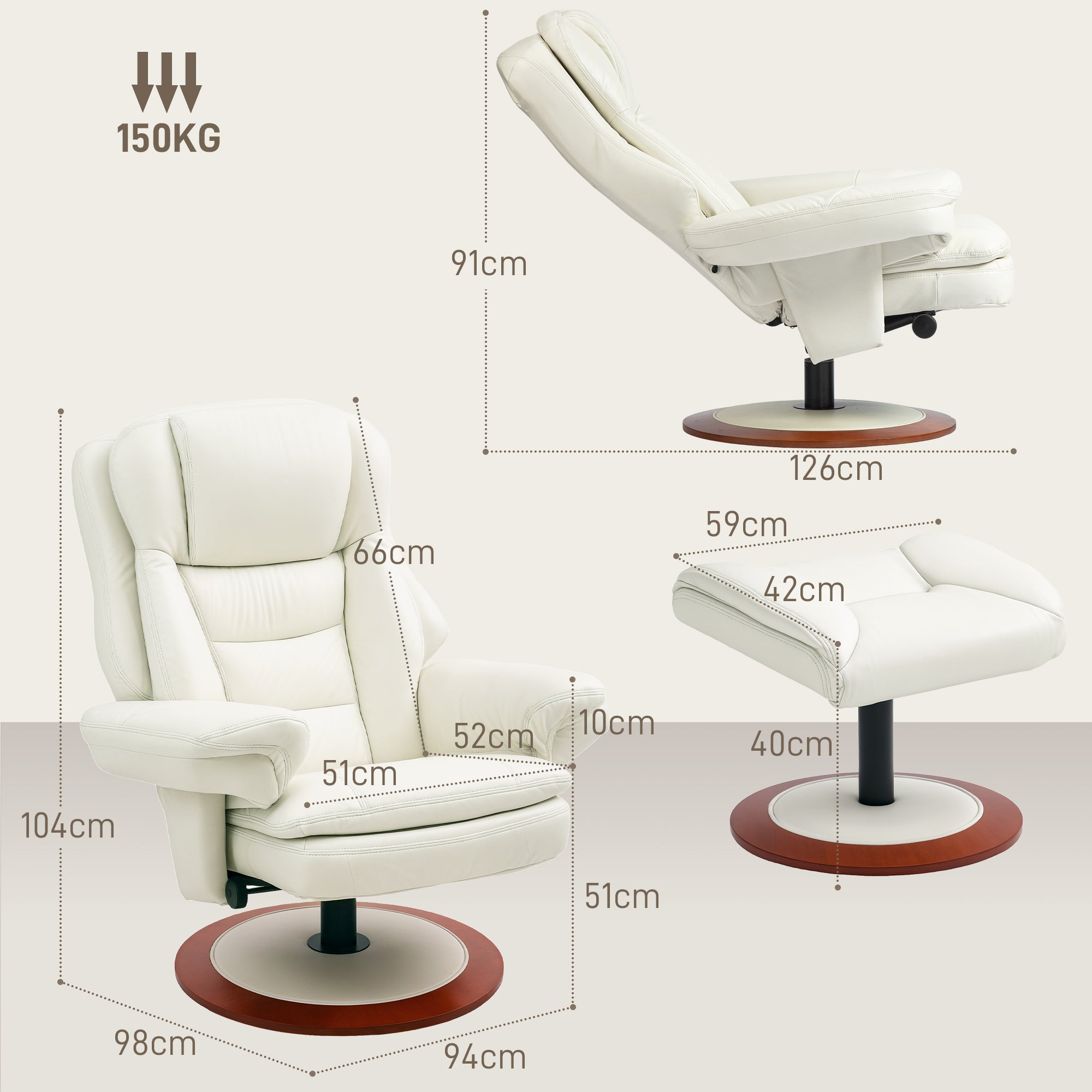 Recliner Chair with Ottoman TV Armchair with Reclining Function, Swivel TV Chair with Wooden Base, Reclining Chair up to 150 kg Load Capacity for Living Room, Faux Leather, Cream White