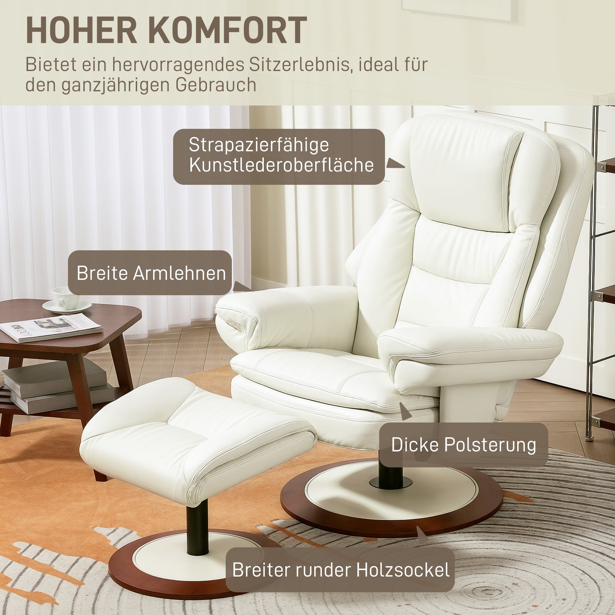 Recliner Chair with Ottoman TV Armchair with Reclining Function, Swivel TV Chair with Wooden Base, Reclining Chair up to 150 kg Load Capacity for Living Room, Faux Leather, Cream White