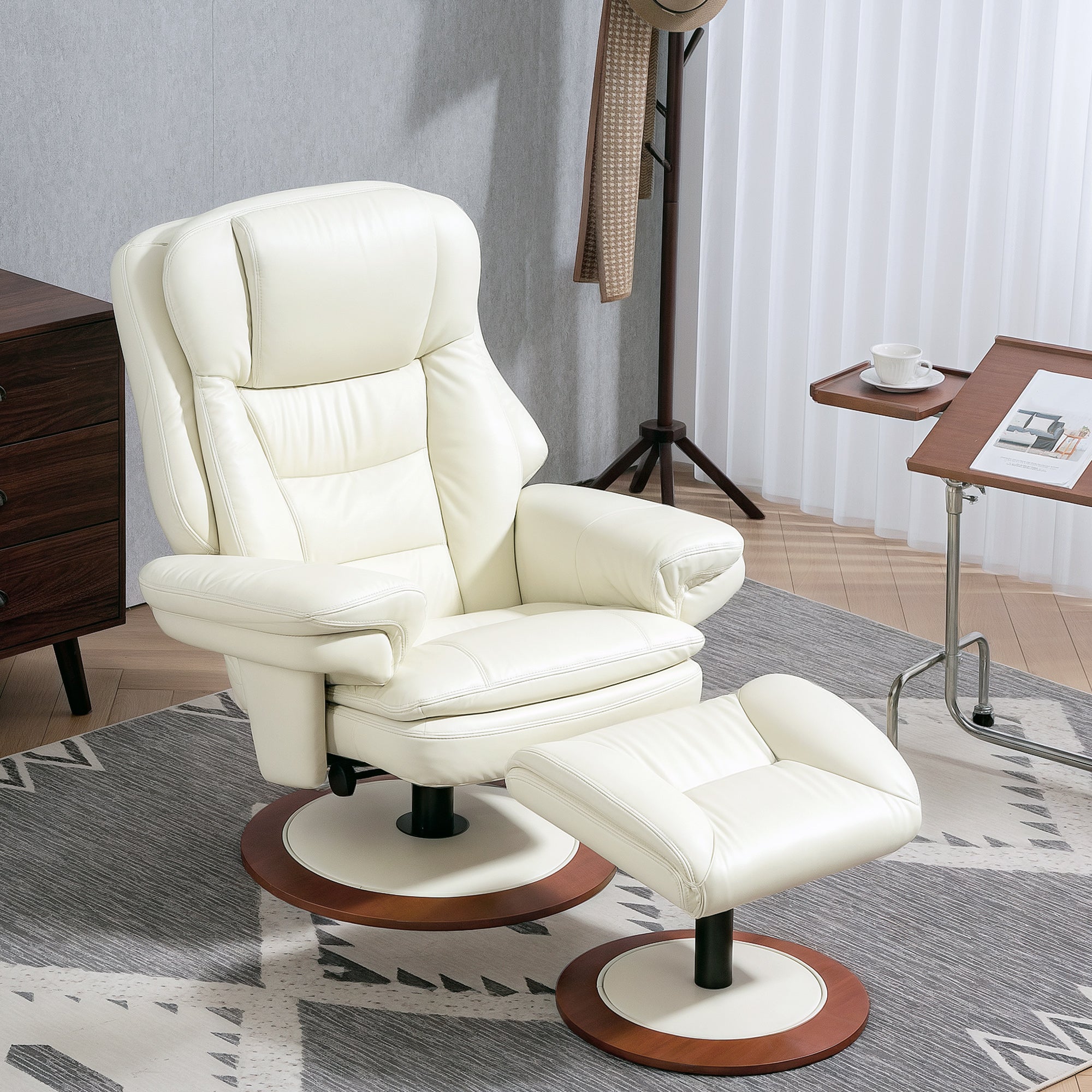 Recliner Chair with Ottoman TV Armchair with Reclining Function, Swivel TV Chair with Wooden Base, Reclining Chair up to 150 kg Load Capacity for Living Room, Faux Leather, Cream White
