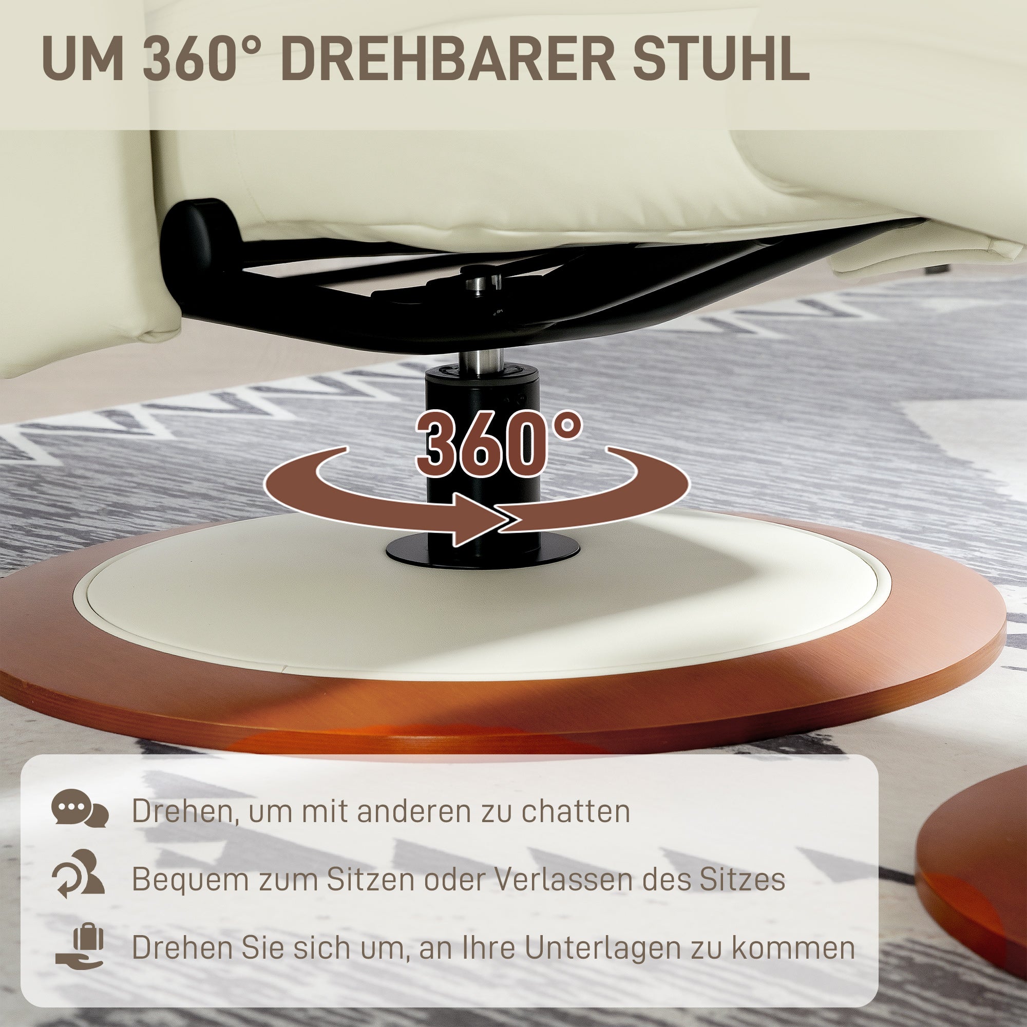 Recliner Chair with Ottoman TV Armchair with Reclining Function, Swivel TV Chair with Wooden Base, Reclining Chair up to 150 kg Load Capacity for Living Room, Faux Leather, Cream White