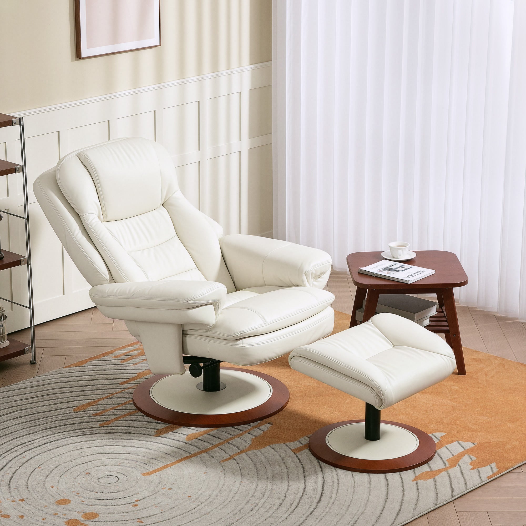 Recliner Chair with Ottoman TV Armchair with Reclining Function, Swivel TV Chair with Wooden Base, Reclining Chair up to 150 kg Load Capacity for Living Room, Faux Leather, Cream White