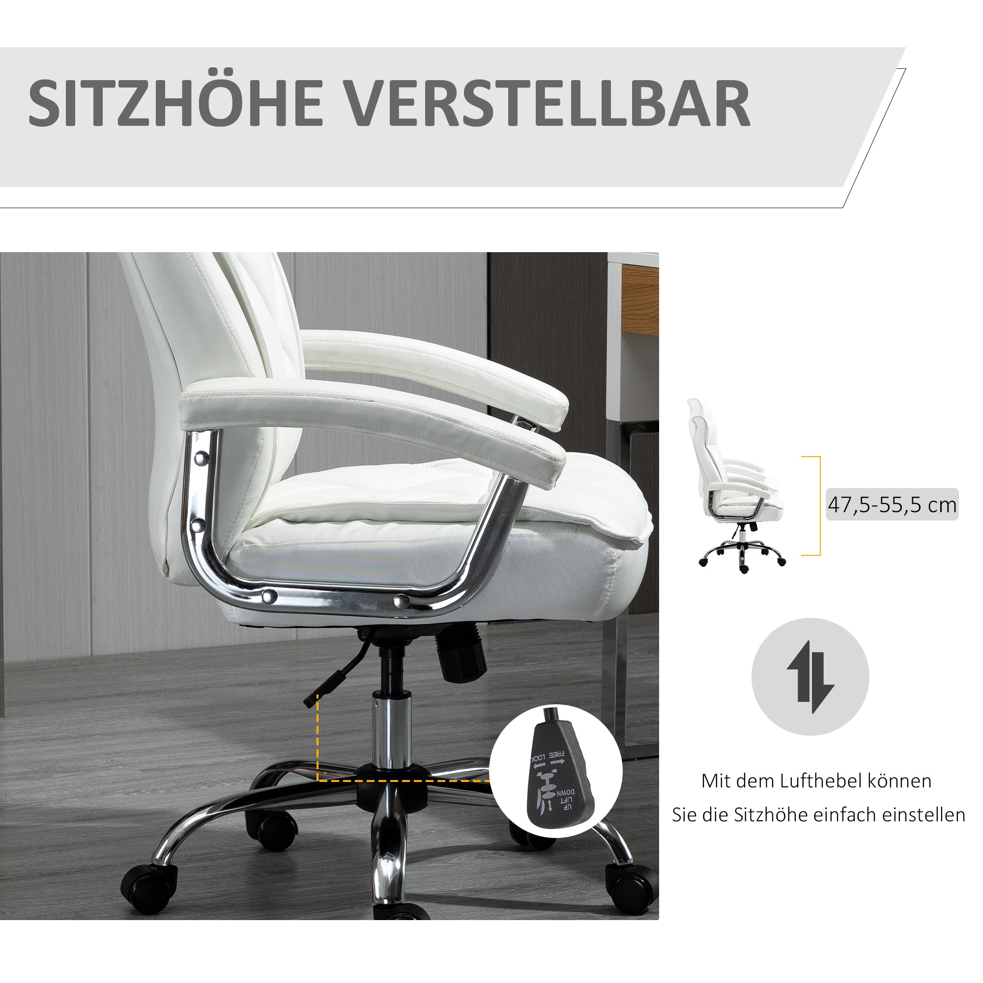 Office Chair, Ergonomic Desk Chair, Adjustable Swivel Chair with Rocking Function, Diamond Pattern, Faux Leather, Padded Executive Chair, White