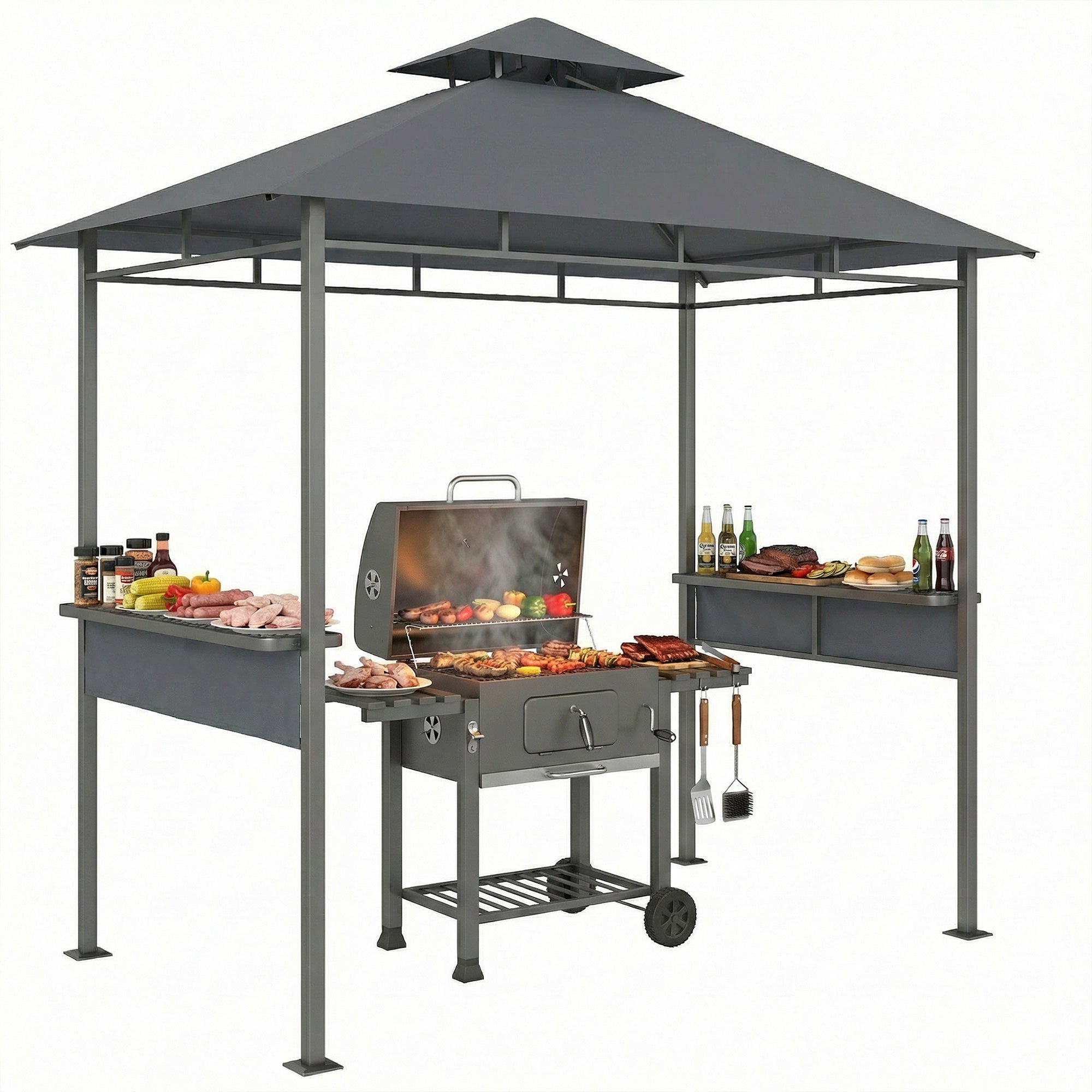 Grill Pavilion 2.4 x 1.4 m — Windproof BBQ Canopy with Double-Roof Vent, Side Shelves, UV-Resistant, Dark Gray