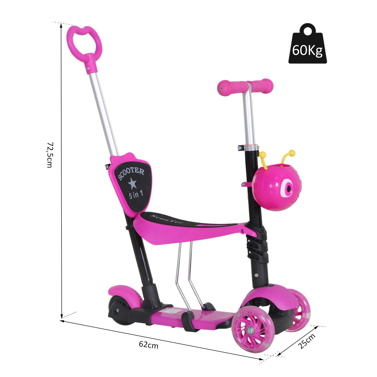 3-in-1 Scooter for Children 18+ Months 3-Wheel Scooter with Removable Seat Adjustable Height Push Handle 62x25x72.5 cm Pink