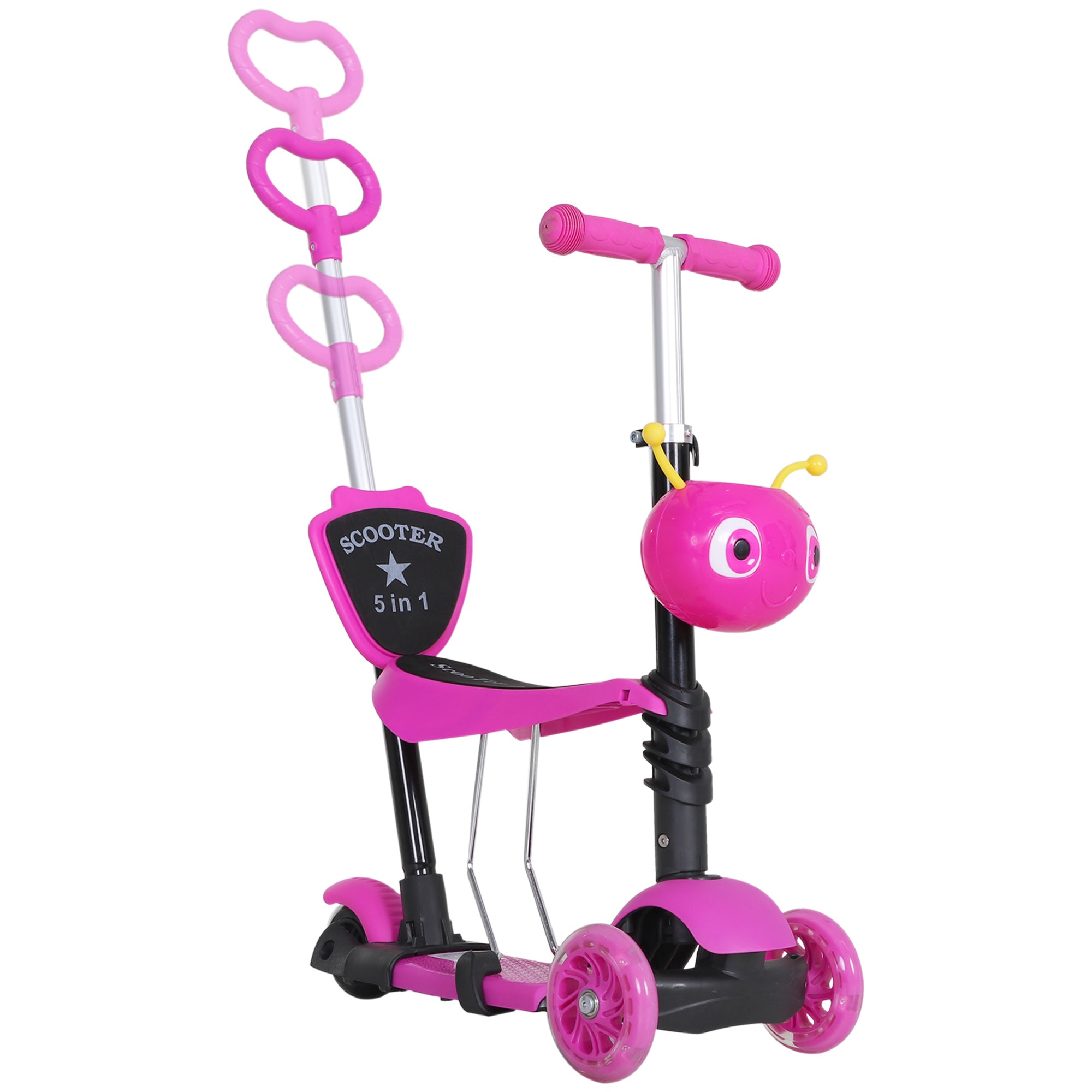 3-in-1 Scooter for Children 18+ Months 3-Wheel Scooter with Removable Seat Adjustable Height Push Handle 62x25x72.5 cm Pink