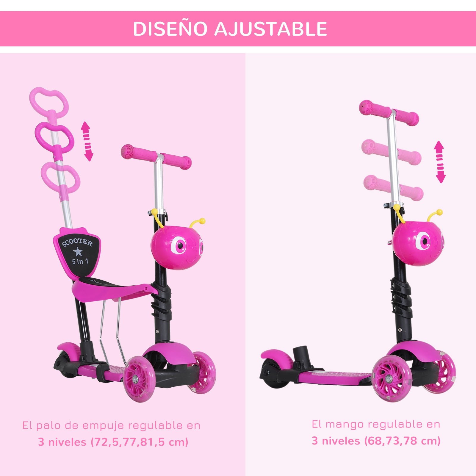 3-in-1 Scooter for Children 18+ Months 3-Wheel Scooter with Removable Seat Adjustable Height Push Handle 62x25x72.5 cm Pink
