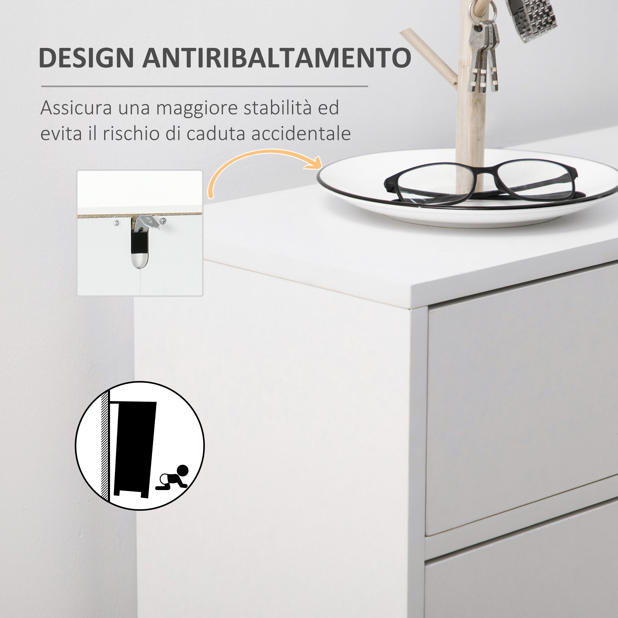 Mobile Shoe Rack, Modern Shoe Cabinet for 12 Pairs of Shoes with 2 Fold-down Doors and Drawer, made of Particleboard, MDF and Metal, 75x26x110 cm, White