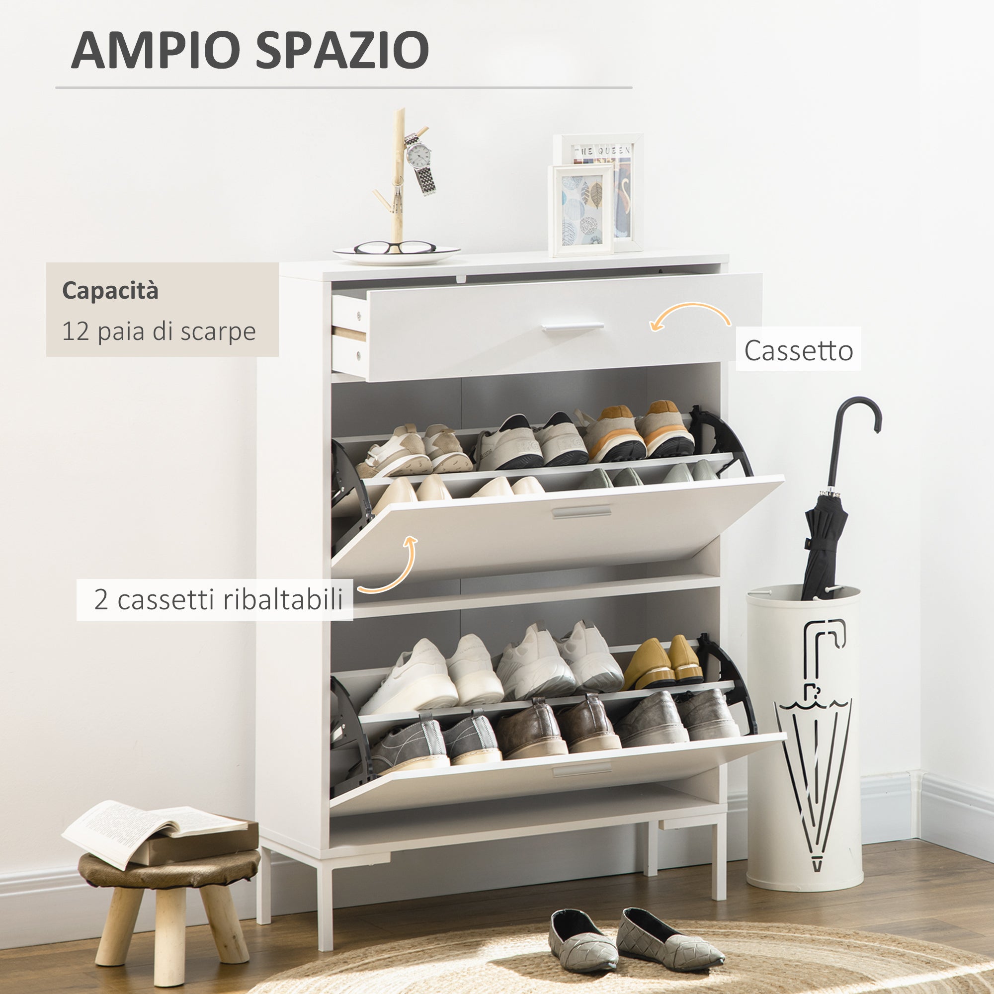 Mobile Shoe Rack, Modern Shoe Cabinet for 12 Pairs of Shoes with 2 Fold-down Doors and Drawer, made of Particleboard, MDF and Metal, 75x26x110 cm, White