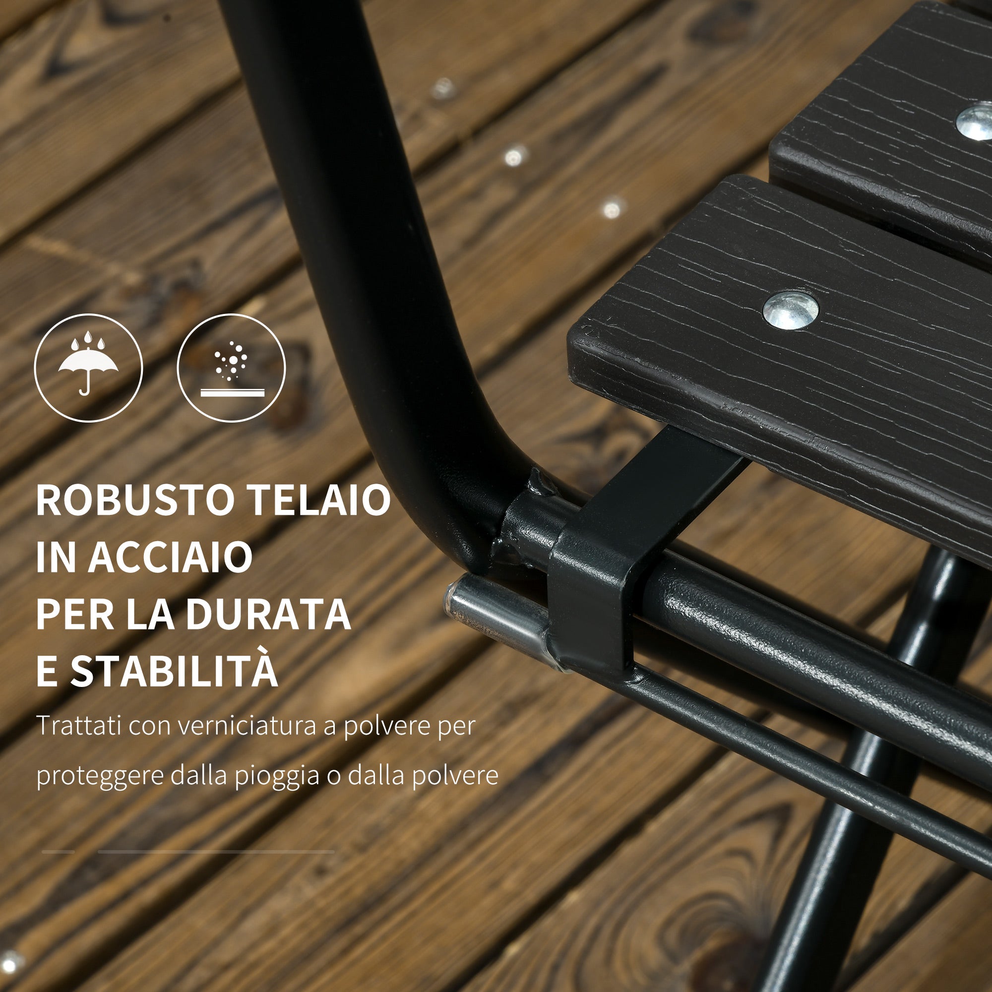 3-Piece Garden Set with 2 Foldable Chairs and Table in Steel and HDPE for Balcony and Terrace, Dark Gray