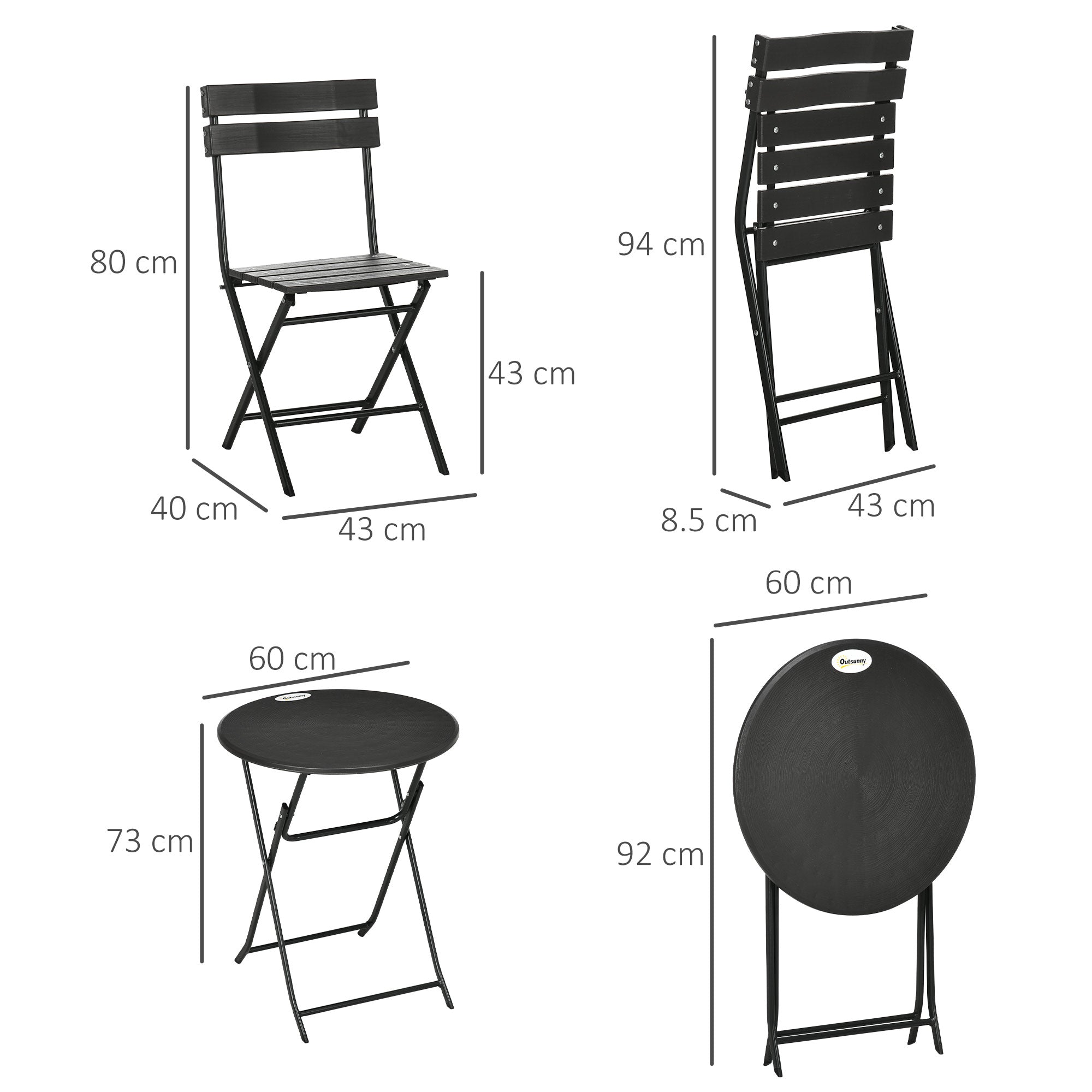 3-Piece Garden Set with 2 Foldable Chairs and Table in Steel and HDPE for Balcony and Terrace, Dark Gray