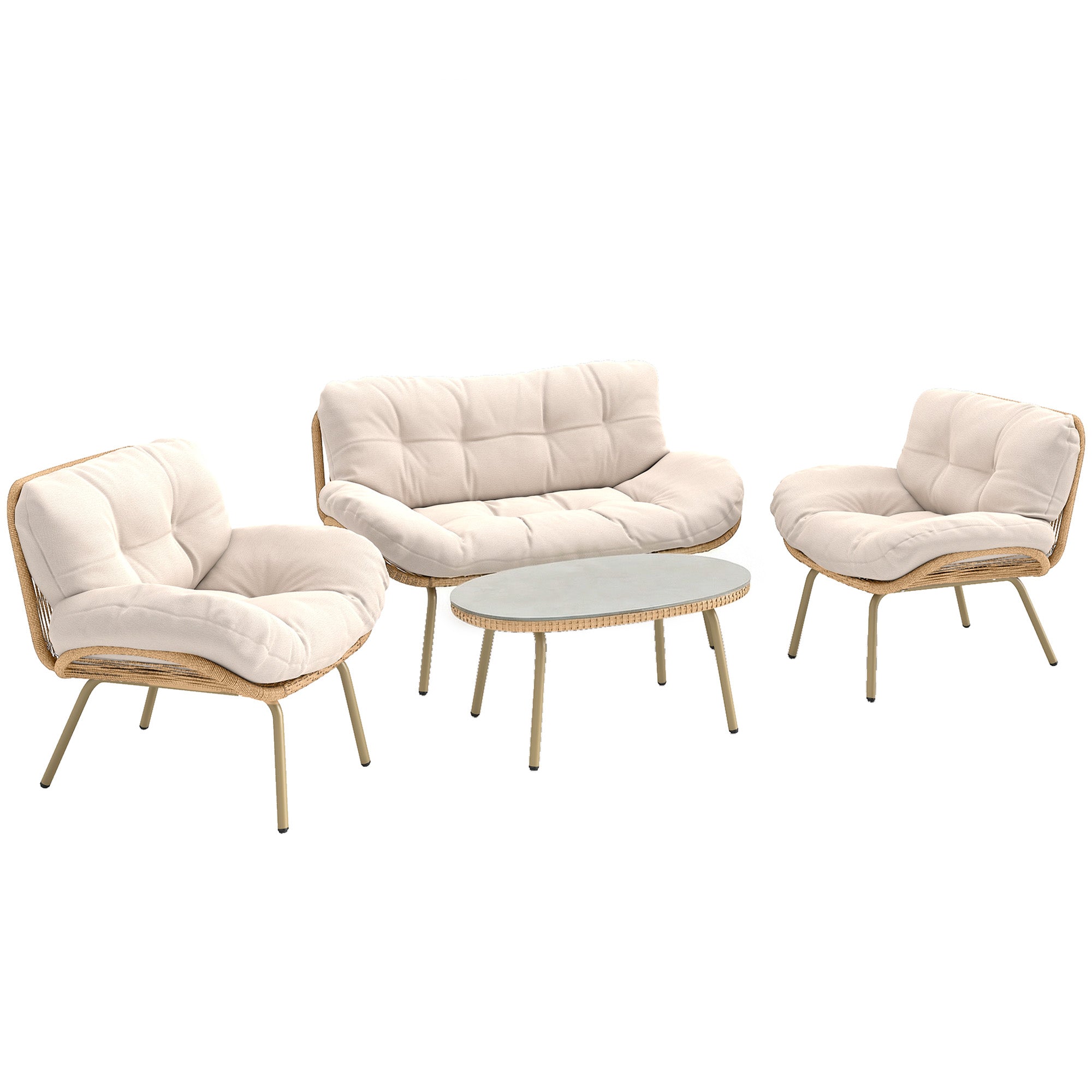 4-Piece Polyrattan Garden Furniture Set – Two-Seater Sofa, 2 Armless Chairs & Oval Table, Deep Seats with Thick Cushions, Plastic Tabletop, Balcony/Patio Seating for 4 — Beige