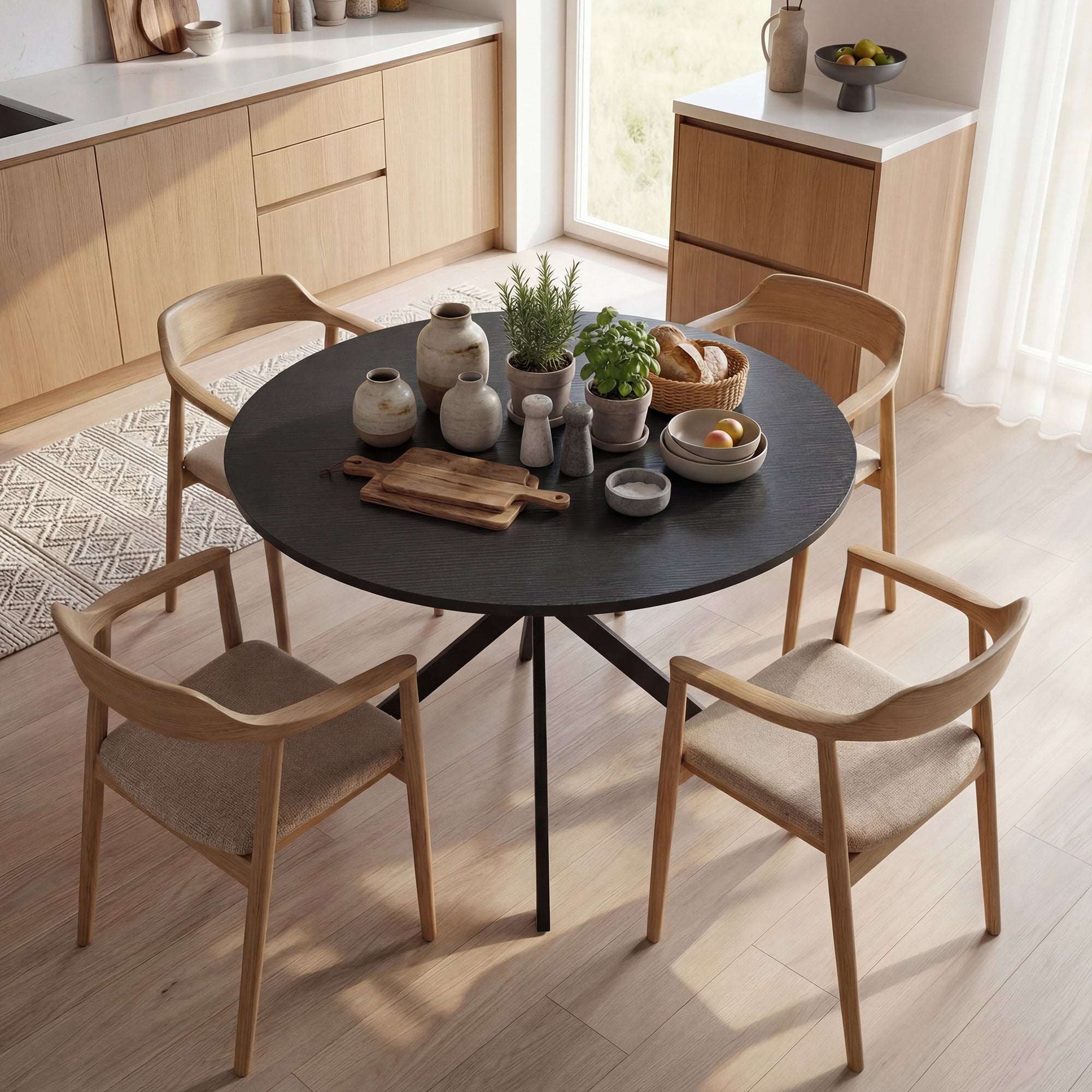 Round Dining Table for 4, 39.4 in Ø Industrial Style with Steel Legs for Dining Room, Kitchen, Home Office, Black