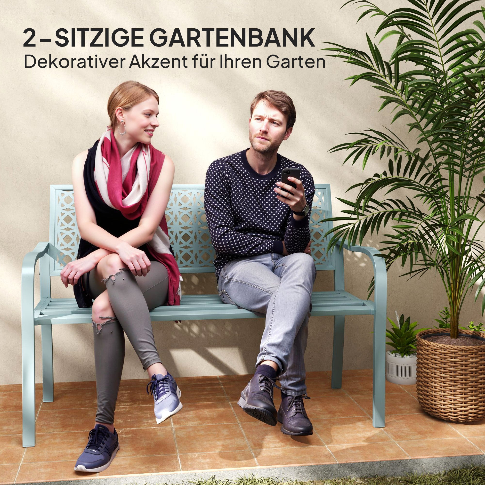 2-Seater Garden Bench, Weatherproof Bench, Garden Furniture with Backrest & Armrests, Park Bench 240kg Capacity, Balcony Bench for Terrace Balcony, Garden, 127 x 63 x 85cm, Blue