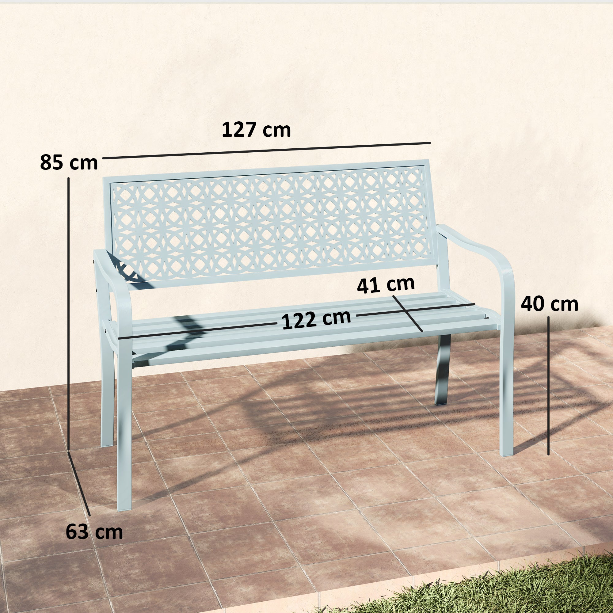 2-Seater Garden Bench, Weatherproof Bench, Garden Furniture with Backrest & Armrests, Park Bench 240kg Capacity, Balcony Bench for Terrace Balcony, Garden, 127 x 63 x 85cm, Blue