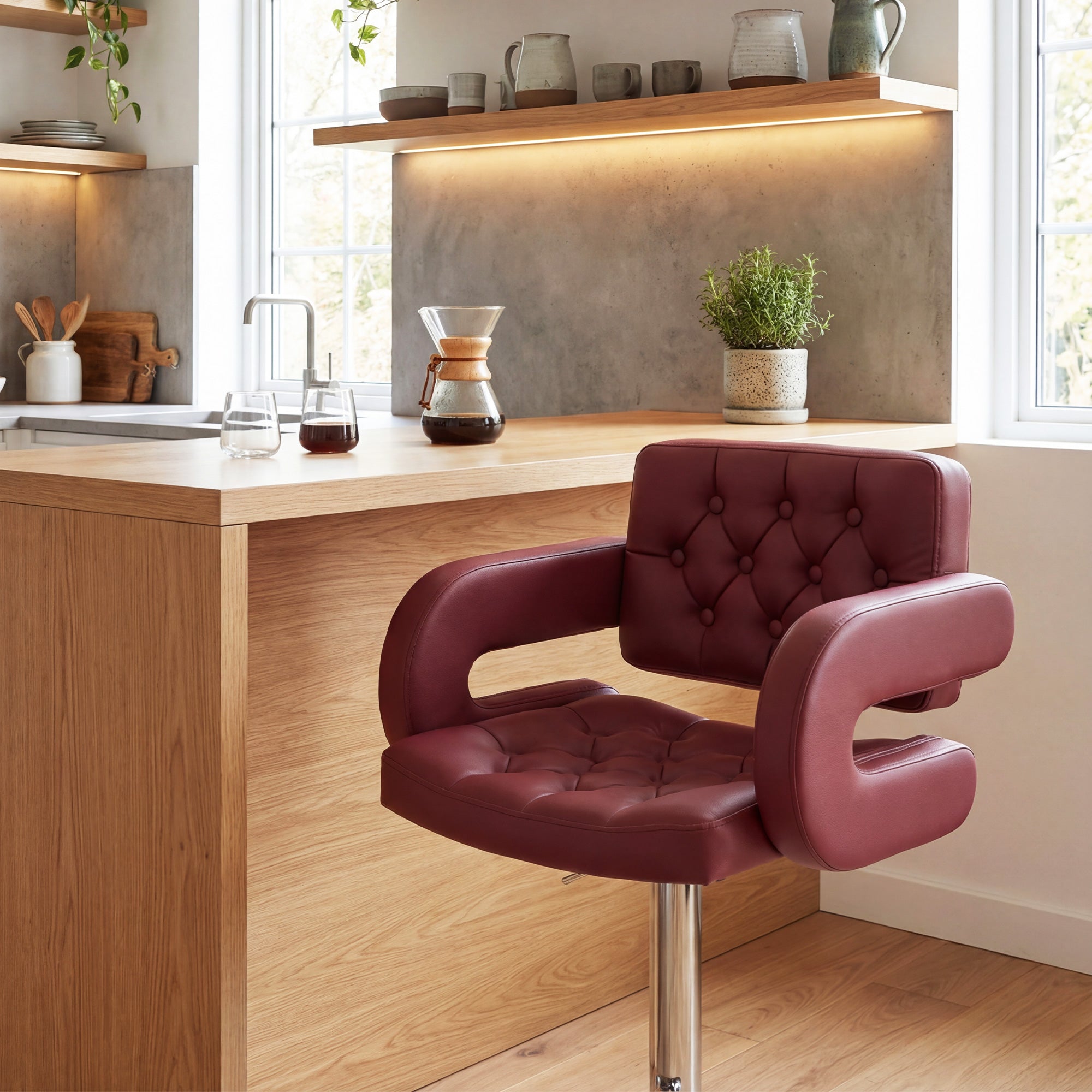 Adjustable PU Bar Stool with Backrest, Armrests & Footrest — Burgundy