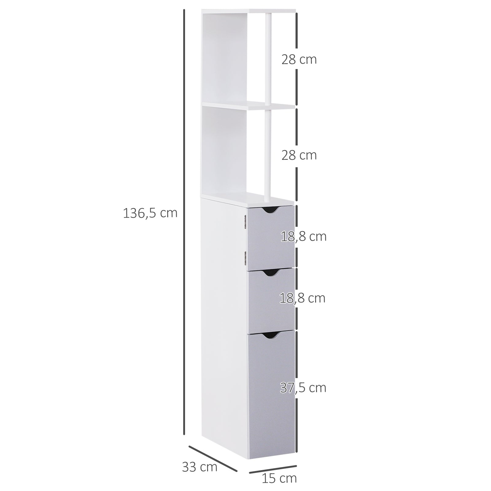 Modern Bathroom Auxiliary Column Bathroom Cabinet Storage Unit with 2 Shelves 2 Drawers and 1 Anti-Tip Door 15x33x136.5 cm White